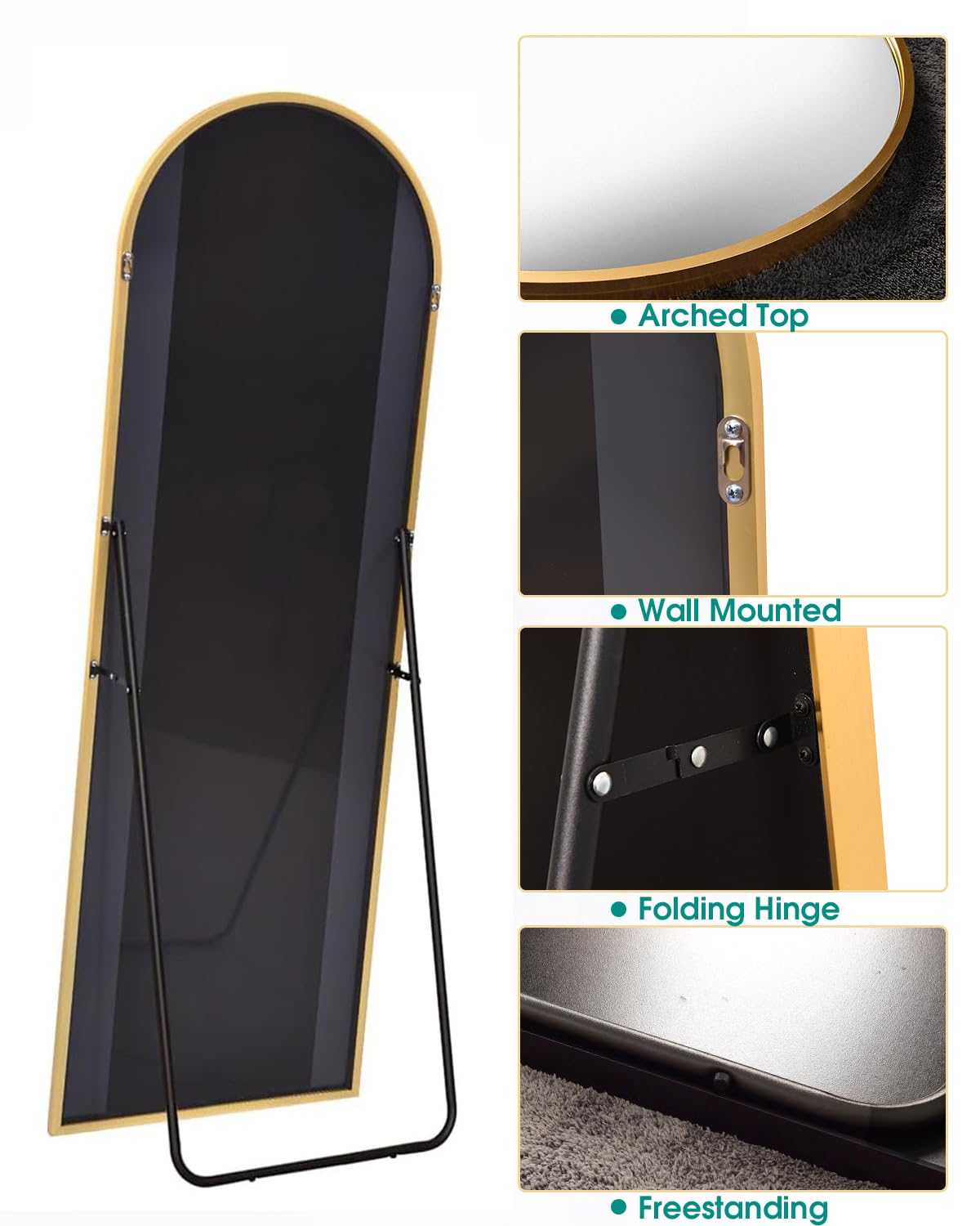 AyeWish Arched Mirror - Full Length, Standing or Wall Mounted, 58"18", Aluminum Frame - Gold