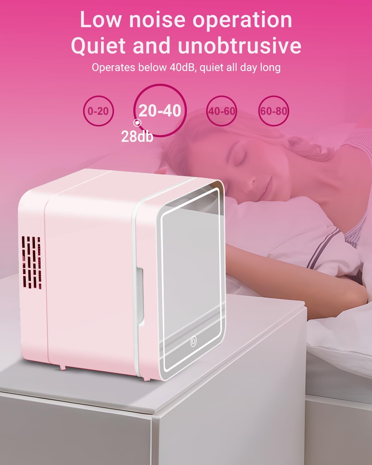 NISHCON 4-Liter Pink Portable Mini Fridge for Skincare Beauty Cosmetic Makeup With Mirrored Door and Dimmable LED Light