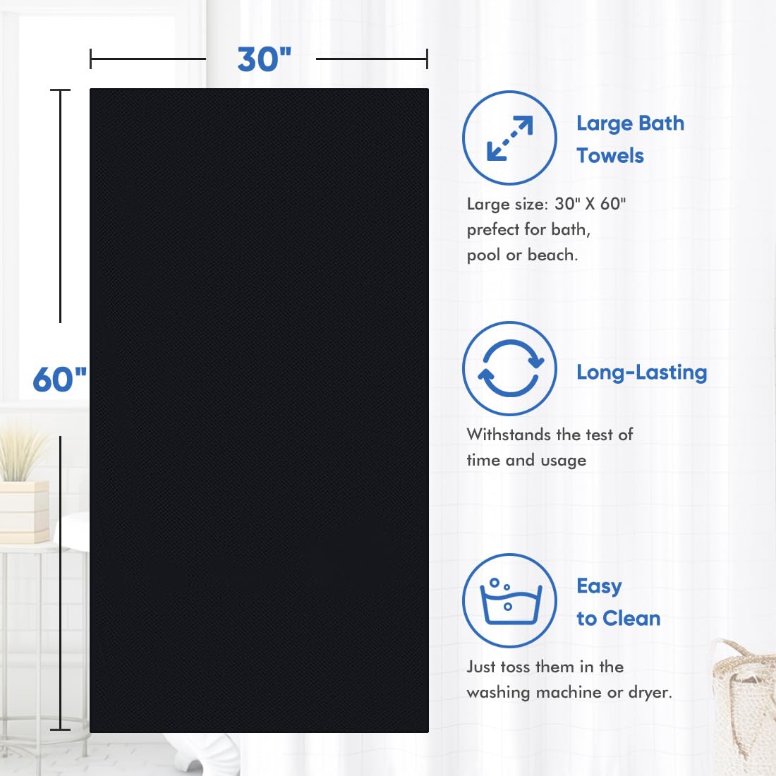 HOMEXCEL Bath Towel Set Pack of 4, 30 x 60 Inches Large Microfiber Bath Towels, Soft, Absorbent, and Quick Dry Towels for Bathroom, Pool, Beach, Swim, and Yoga, Large Bathroom Towels, Black