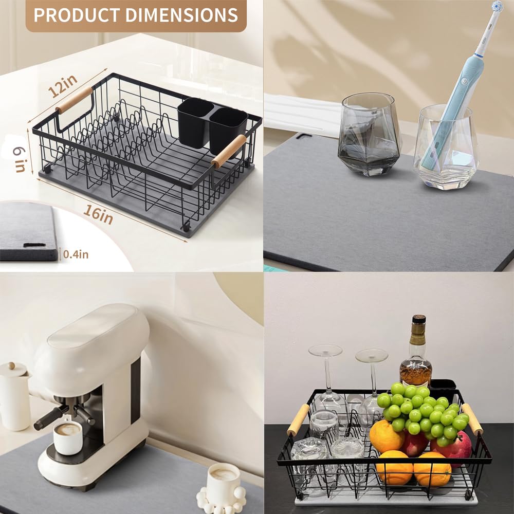 Lalaunicky Dish Drying Rack with Stone Dish Drying Mat for Kitchen Counter, Dish Drainer with Diatomaceous Earth Quick Dry Mat, Organization and Storage Essentials with Cup & Cutlery Holders