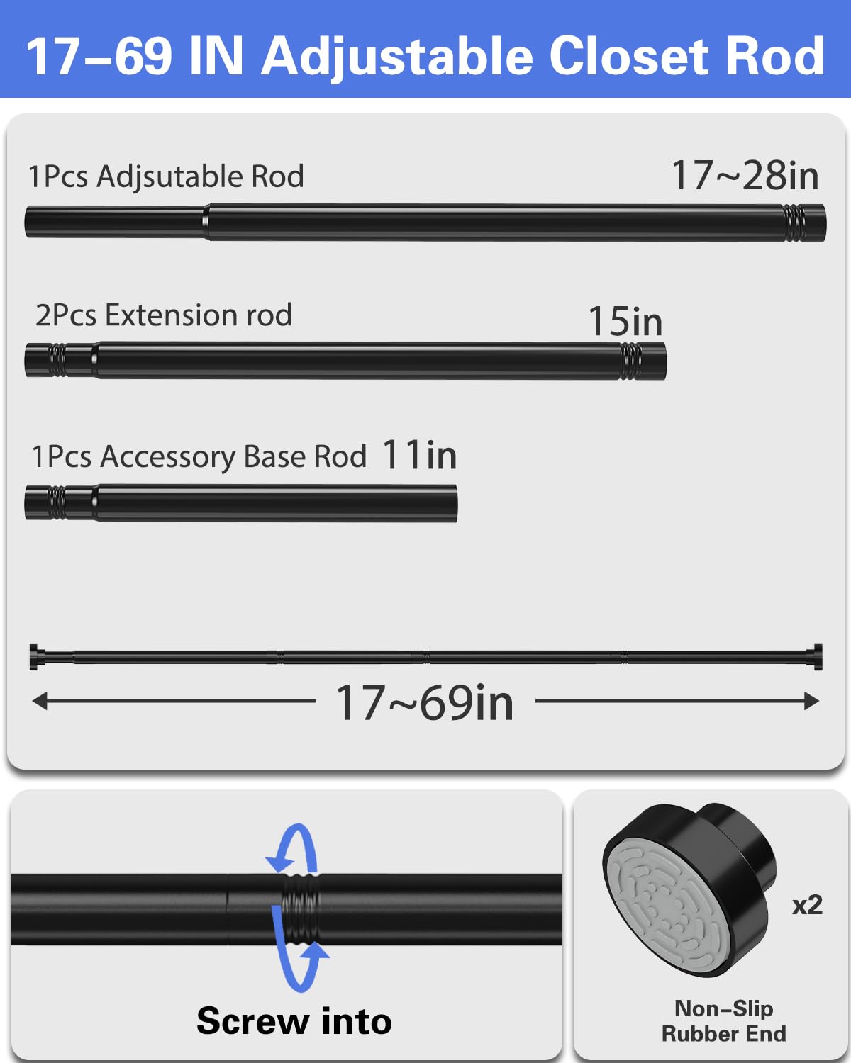 Supforce No Drilling Closet Rods for Hanging Clothes, Non Slip Tension Rod with Heavy Duty Clothes Hanging Rod, 17-69 Inches Adjustable Spring Closet Rod for Closet Wardrobe Bathroom Laundry RV, Black