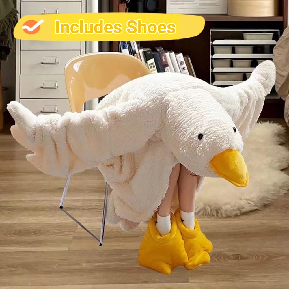 Goose Blanket Hoodie Onesie Adult & Kid,Oversized Warm Duck Wearable Hoodie Blanket with Sleeves,Cozy Sleeping Bag (white, M)