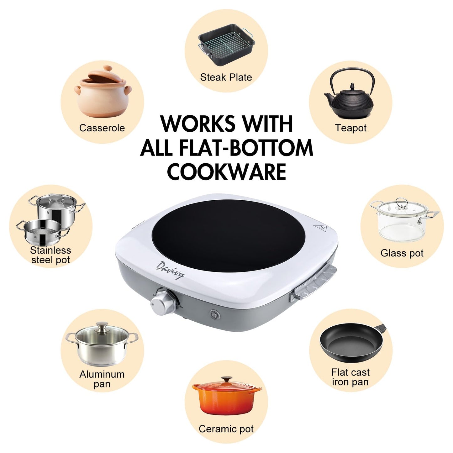 Davivy Single Burner Electric Hot Plate, 1200W Portable Cooktop with Scratch-Resistant Ceramic Glass, Lightweight 3.1lbs with Handle for Easy Carry – Ideal for Travel, Dorms, and Home Kitchen