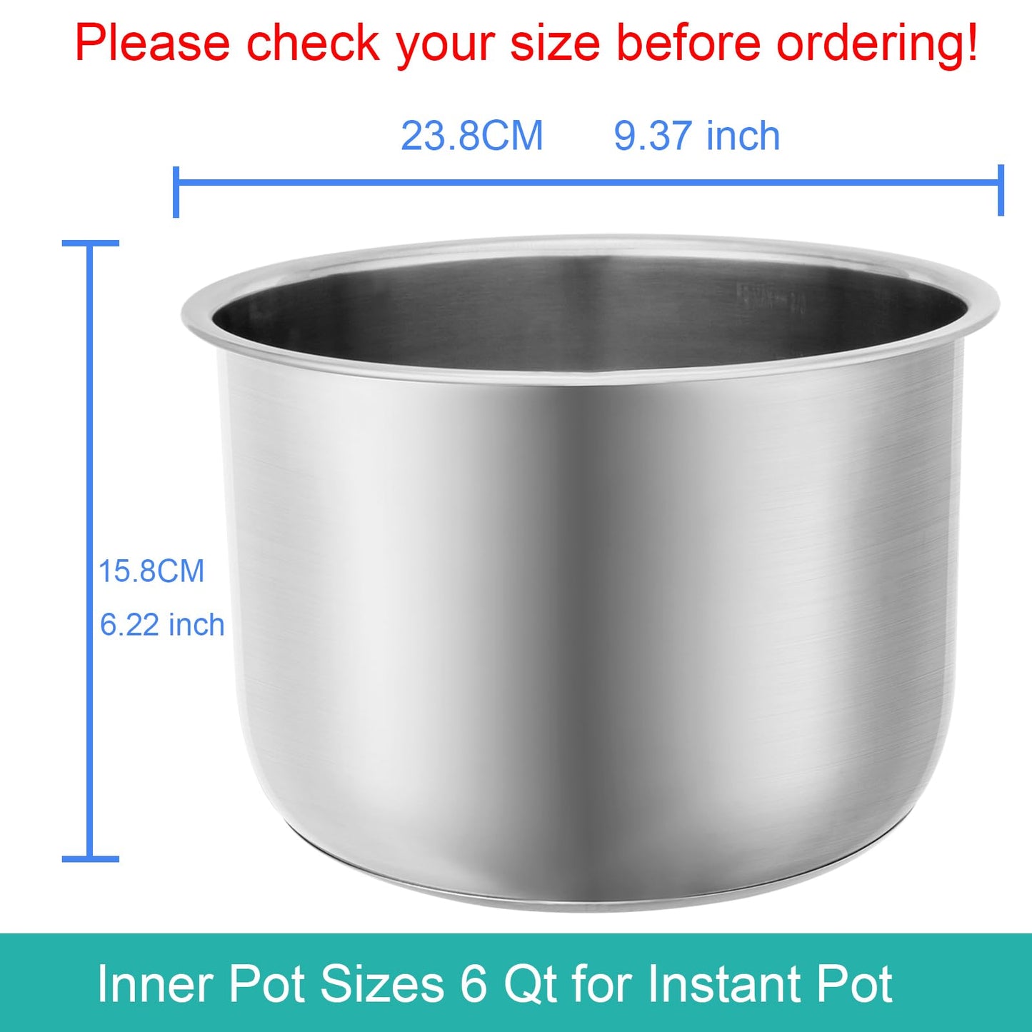 Stainless Steel Inner Pot for Instant Pot 6QT, Upgrade Replacement Pot for Instant Pot 6 Quart, Food Grade 304 (18/8) Stainless Steel Insert for Instantpot with Thick Bottom, Non-Toxic (No Teflon)