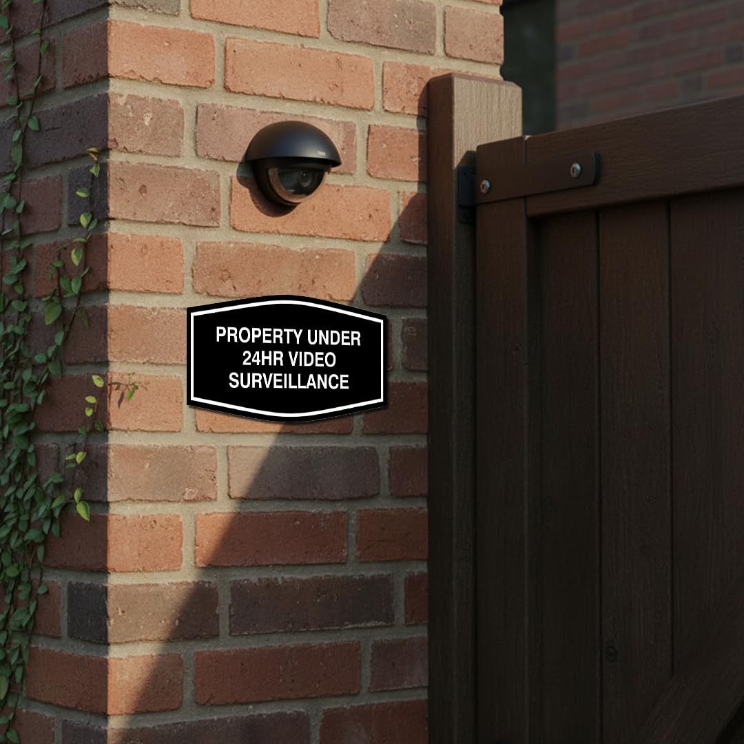 All Quality Fancy Property Under 24Hr Video Surveillance Sign | Property Security Sign with Easy Installation | 24/7 Security Monitoring (Black/Gold) - Small 5 Pack