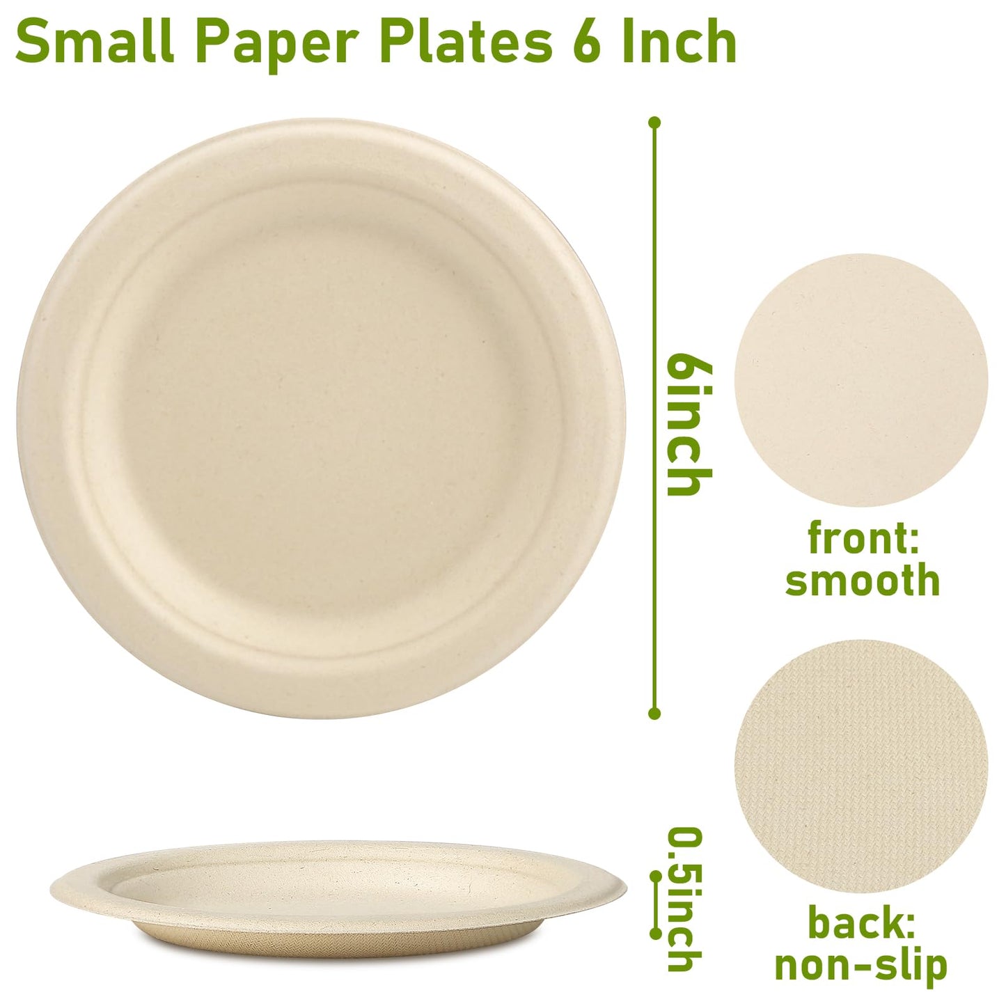 Uniecocus Paper Plates Bulk 500 Count, 100% 6 inch Small Compostable Biodegradable Dessert Disposable Plates