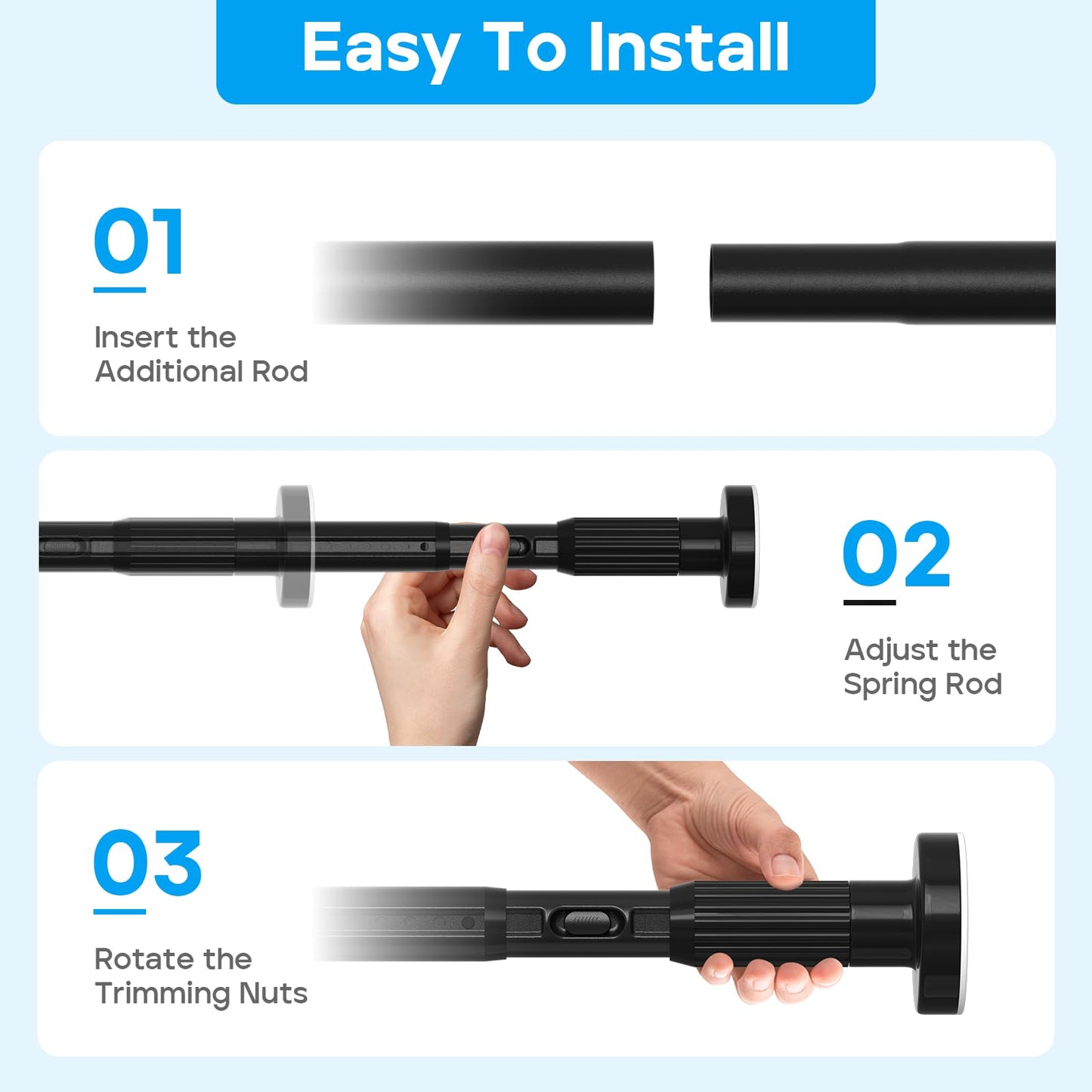 ZipGlo Tension Curtain Rod Black Shower Rod 40-166IN Extra Long Curtain Rods No Drilling Adjustable Tension Rods for Window Shower or Bathroom Outdoor Patio Diameter 1.26In
