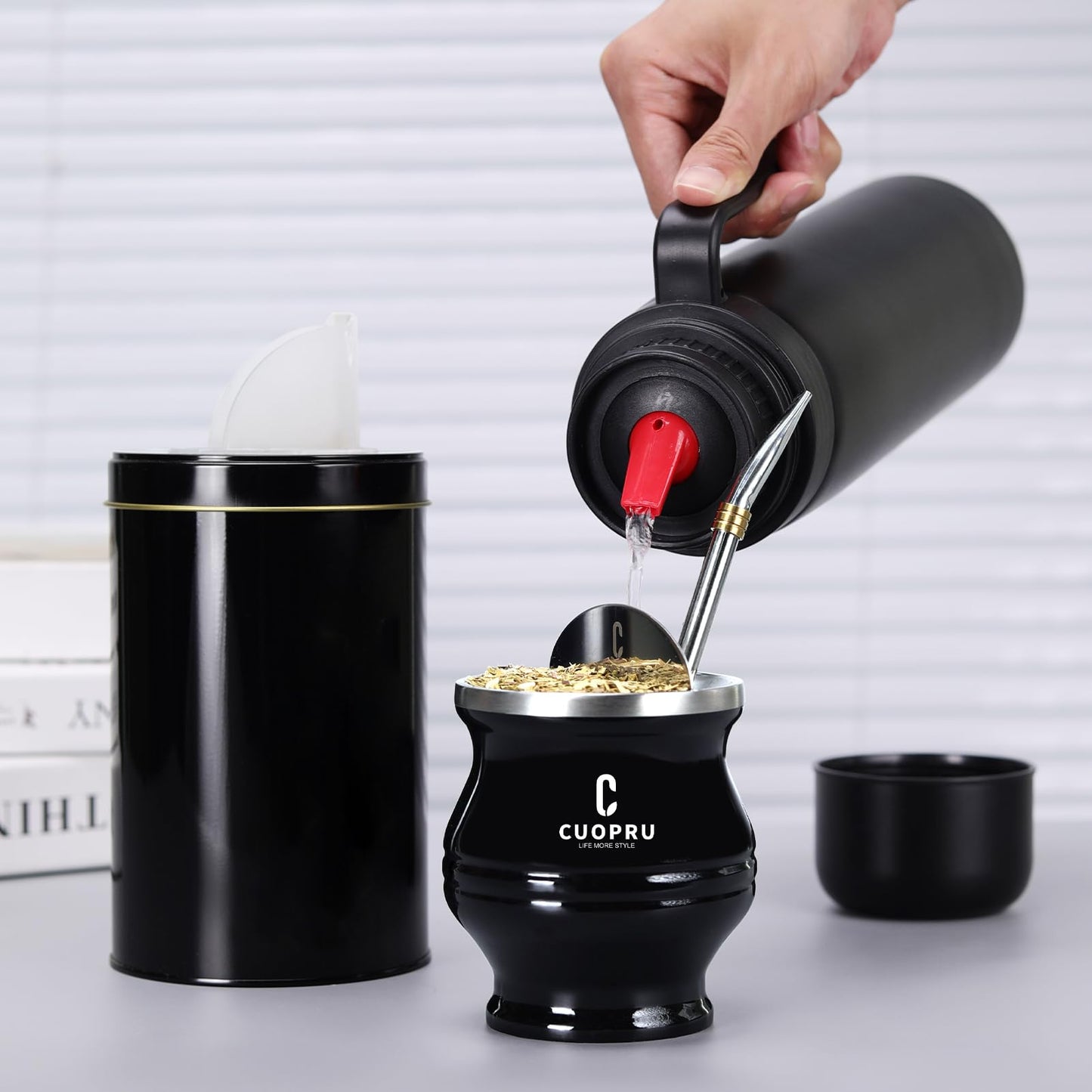Cuopru Premium Stainless Steel Yerba Mate Kit, Gourd, 33.8oz Insulated Bottle, Container, Bombilla, Cleaning Brush, Tea Filter Set, Matte Black