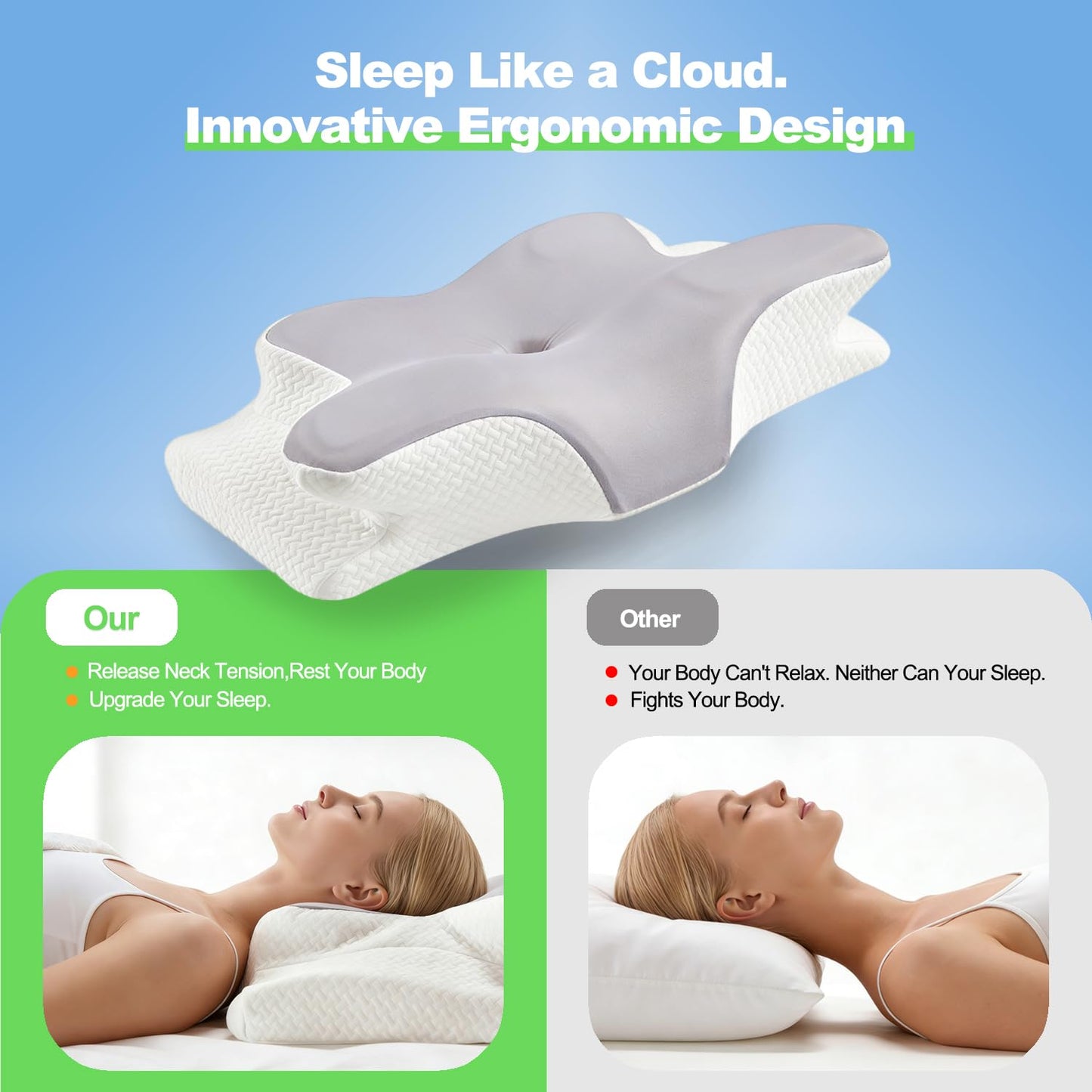 Ergo Cervical Neck Pillow for Deep Sleep – Ergonomic Neck Pain Relief Pillow, Orthopedic Contour Memory Foam Support, Odorless, Cooling Breathable Pillowcase, Promotes a Healthy Sleep Position