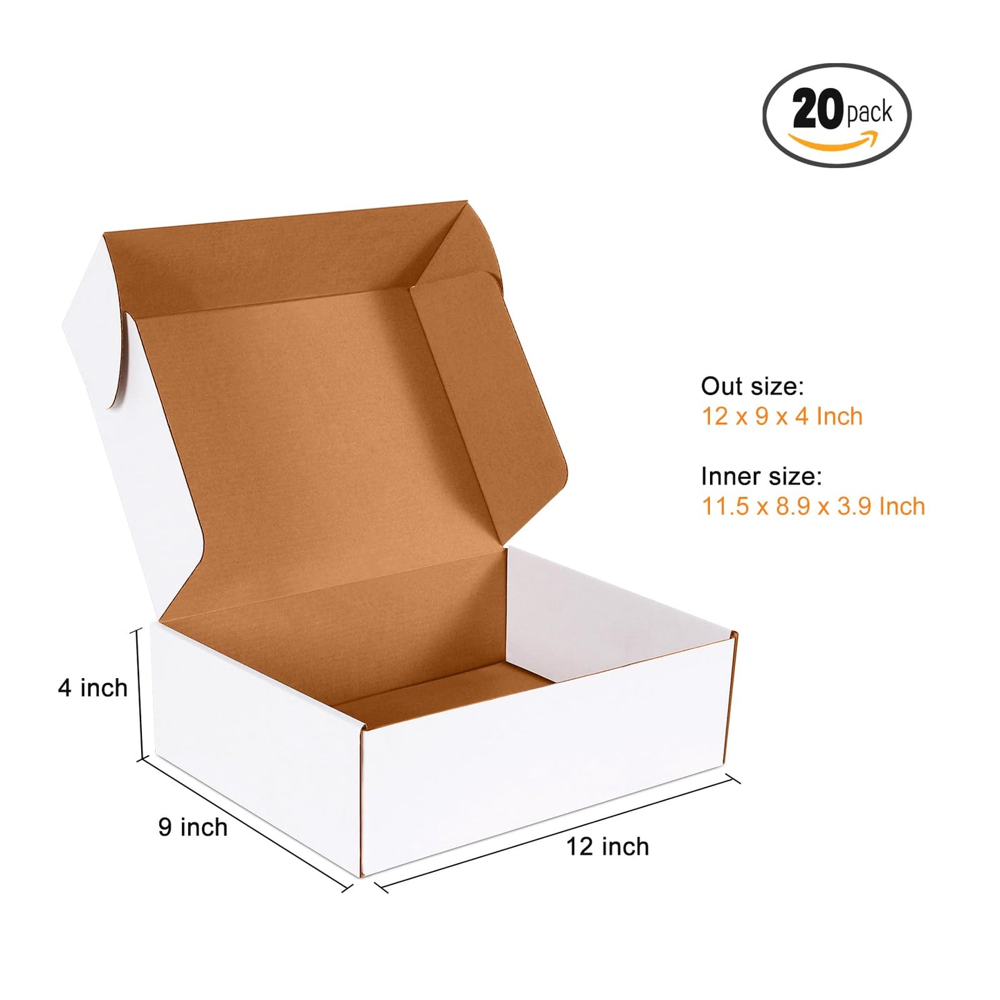 JOWLOT 12x9x4 inch Shipping Boxes Set of 20, White Corrugated Cardboard Box Literature Mailer for Mailing Packing Moving and Storage