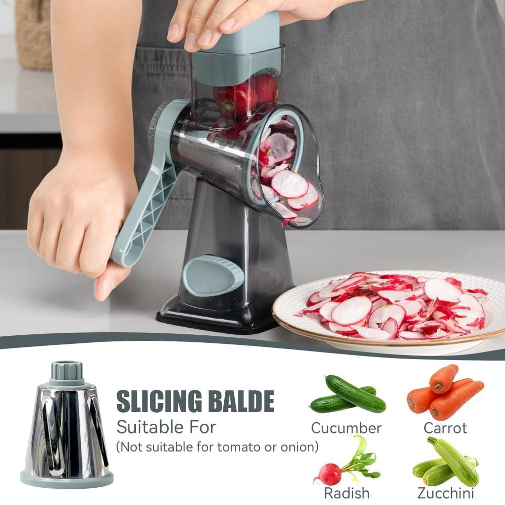 KEOUKE Rotary Cheese Grater Pro 6 in 1 - Shredder Crinkle Slicer Grinder Ice Shaver, Stable Suction, Time-saving Easy Use & Clean, Safe Morden Kitchen Tool for Cheese, Vegetable, Nuts, Chocolate