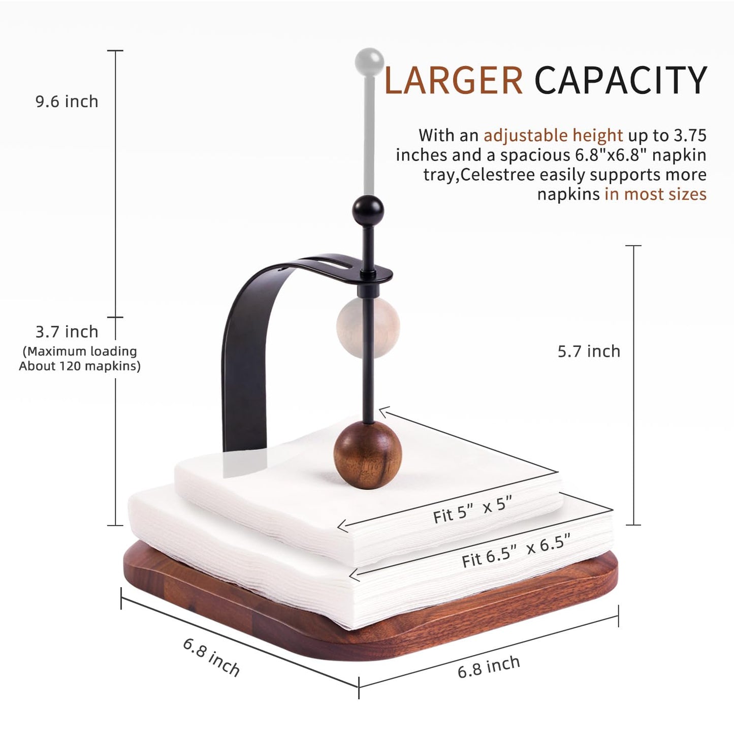 Celestree Black Walnut Wooden Napkin Holder for Table - Square Tabletop Windproof Cocktail Napkin with Metal Accents, Fits 5-7 Inch Napkins for Kitchen,Office,Restaurant, Hotel,Cafe, Bar,Outdoor