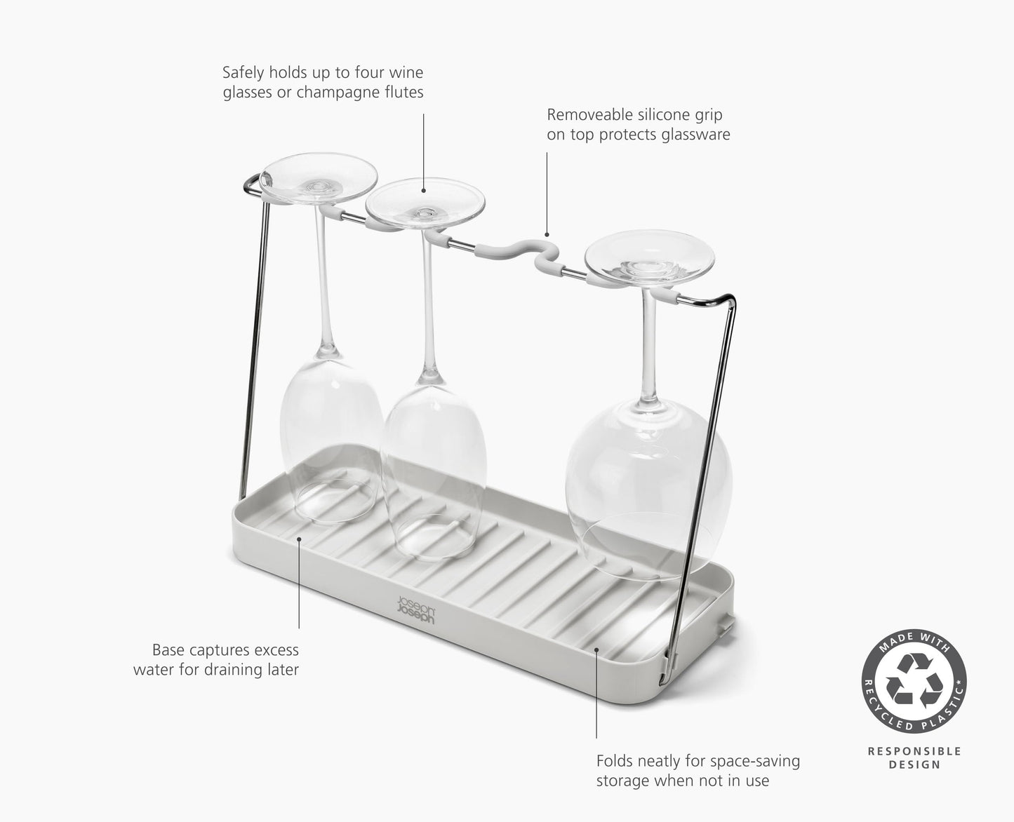 Joseph Joseph DrySmart Folding Stemmed Wine Glass Drying Rack, Space-Saving Draining Board Organizer, Made from Recycled Plastic