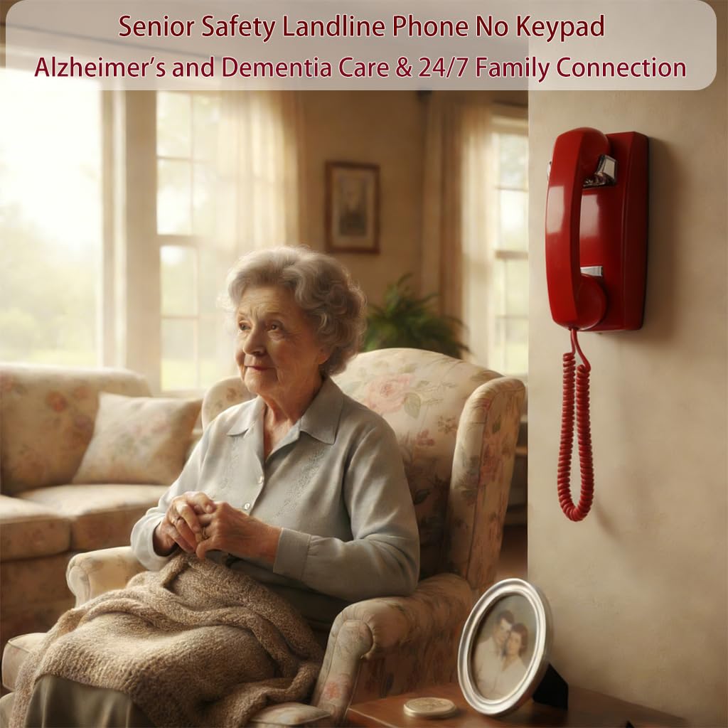 HTMengt No Dial Wall Phone for Elderly Dementia, No Dialpad Wall Telephone for Older,Incoming Calls Only Wall Phones for Senior, 2554 Wall Telephone without Keypad for Memory Care,Home,Bar,Garage, Red