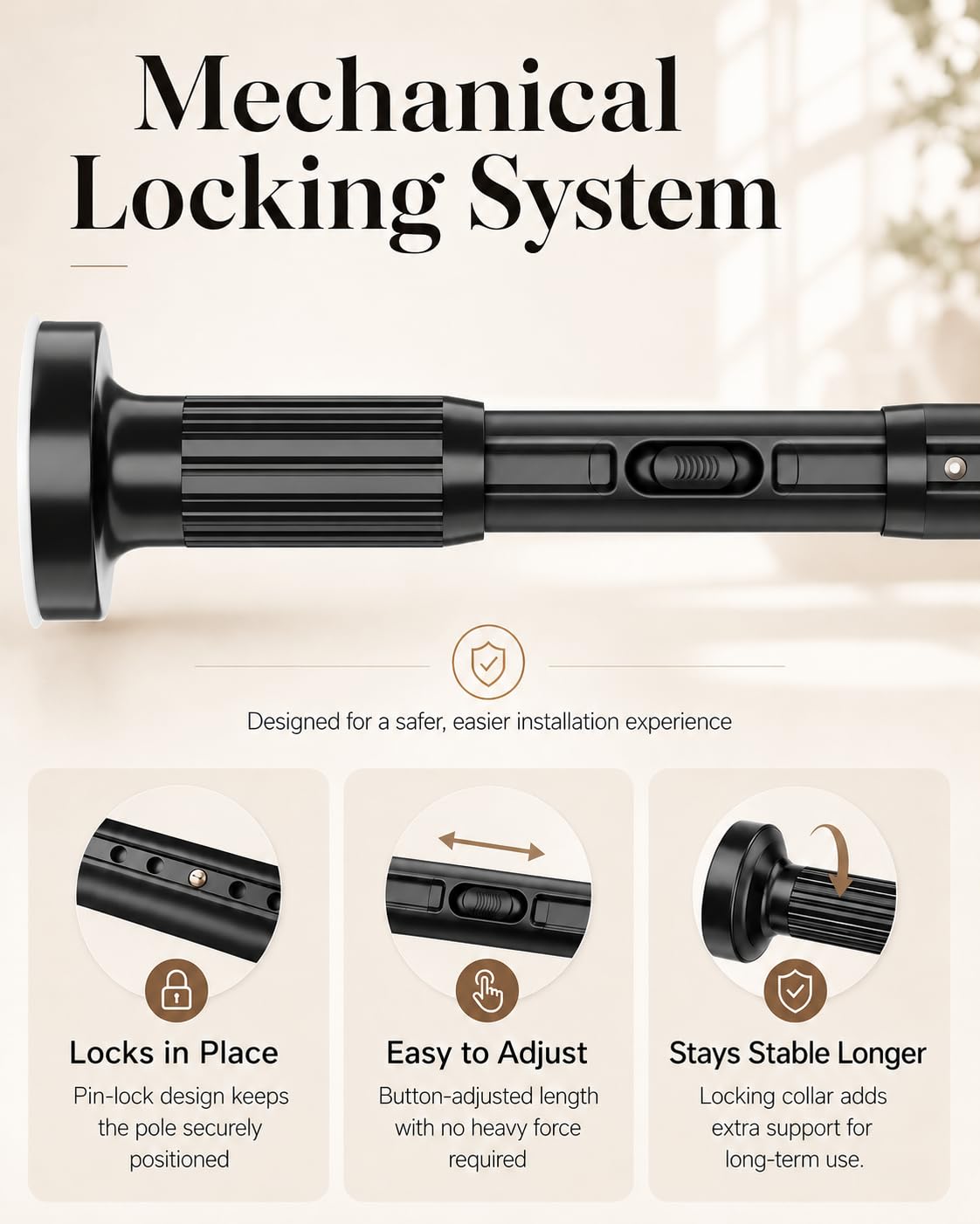 ALLZONE Tension Curtain Rods for Windows 40 to 121 Inches, Extra Long Curtain Rods No Drilling, No-Slip Tension Rod Hold Up to Heavy Drapes, Perfect for Bathroom, Bedroom, Patio & Room Divider, Black