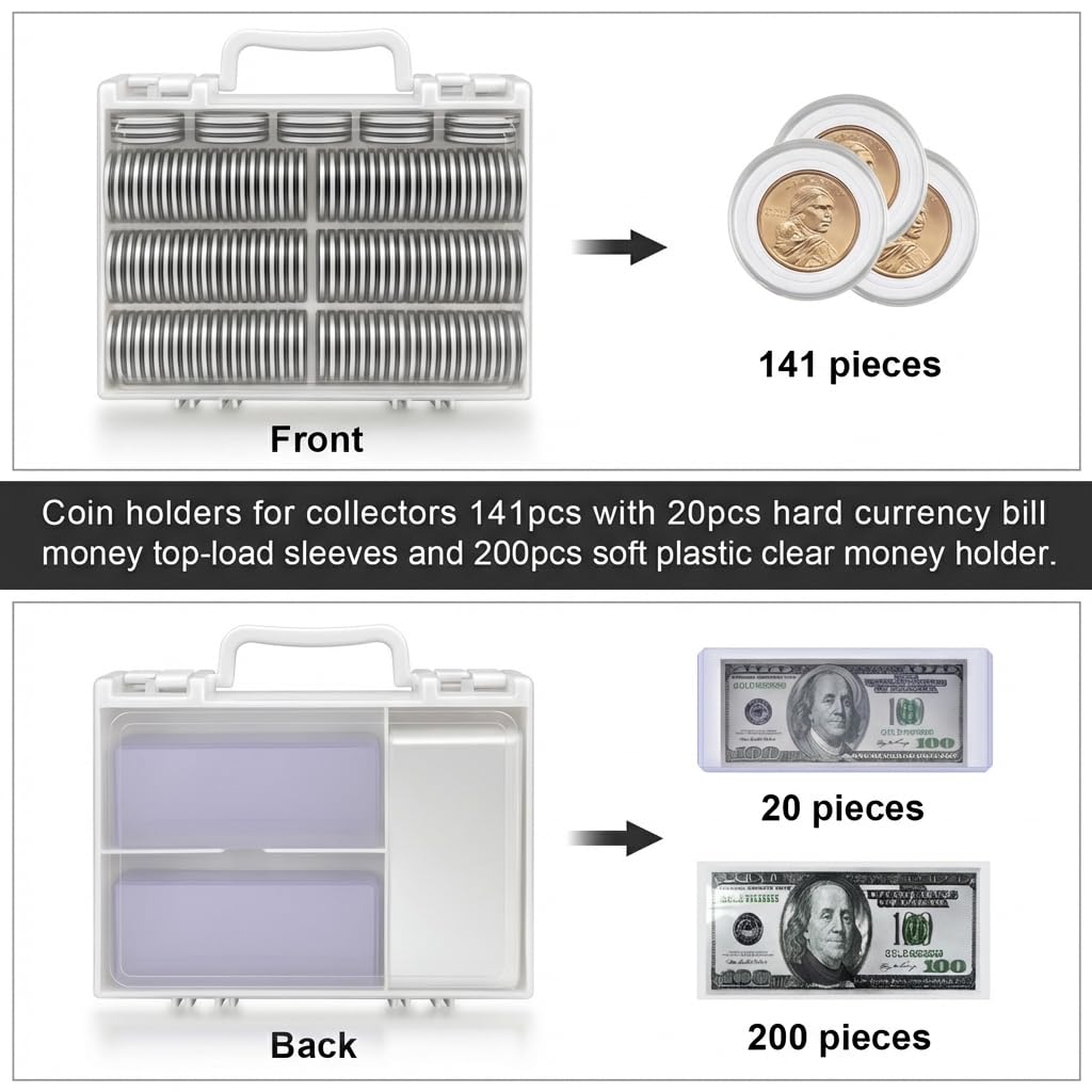 Coin Collector Case Holder with 141 pcs Capsules with Foam Gaskets & 220 Dollar Bill Sleeve - All-in-One Coin Collection Supplies Storage Box for Secure Coin and Paper Money- White
