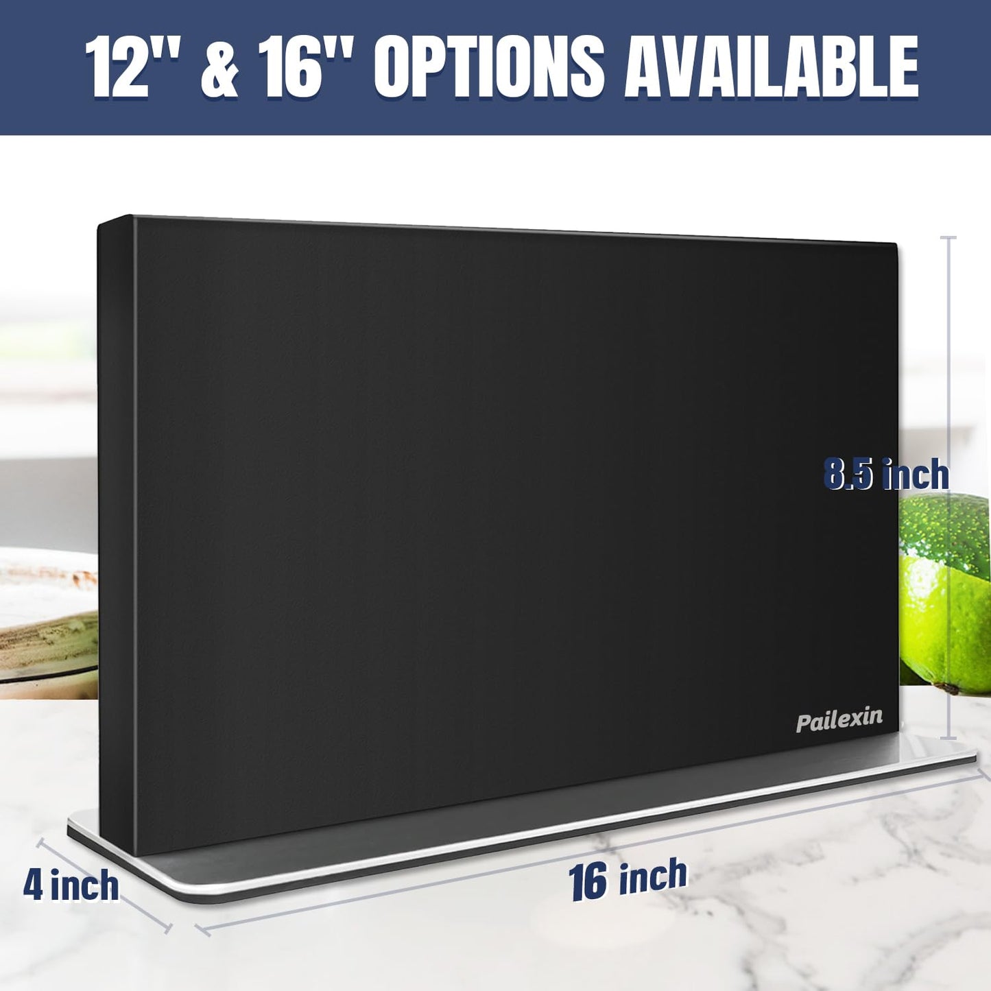 Pailexin Magnetic Knife Block Without Knives—Black Stainless Steel Double-Sided Magnetic Knife Holder Stand with Strong Magnets, Knife Storage Organizer for Kitchen Counter top, 16 inch