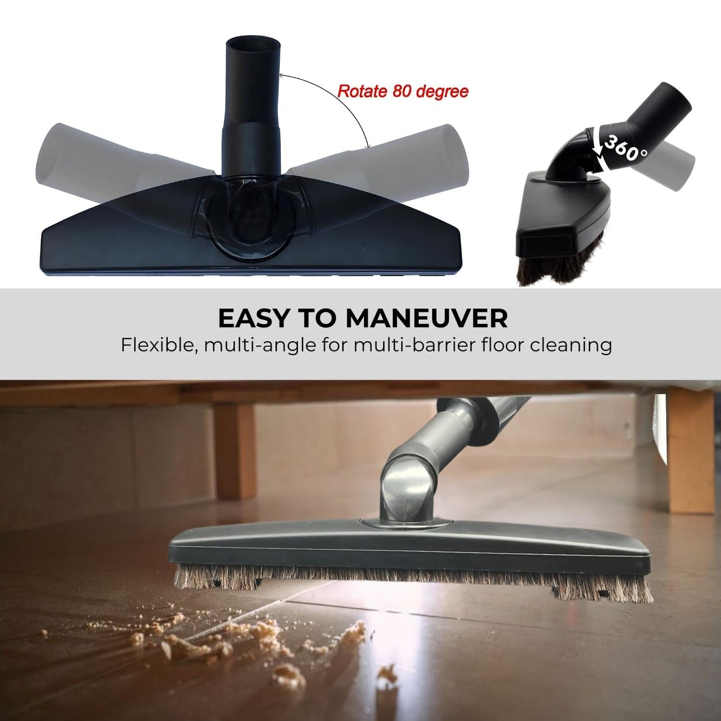 Vacuum Floor Brush & Extension Wand for Vacuum Cleaners with 1 ¼ inch (1.25'') (32mm) Inner Diameter with Horse Hair Soft Bristles - Hardwood Floor Attachment & Vacuum Extension Tube
