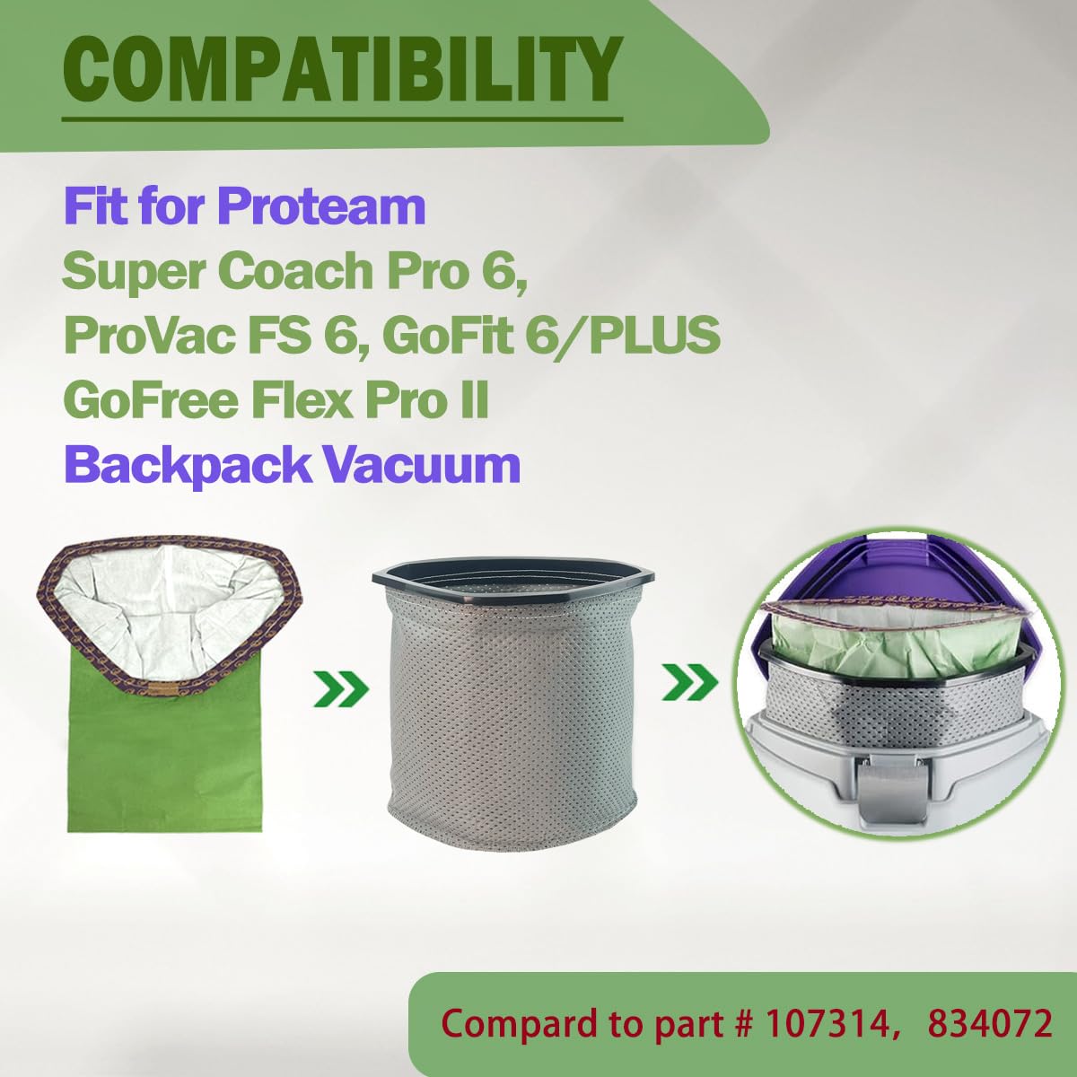 30 Pack 107314 Vacuum Bags + Cloth Bag 834072 Compatible with Proteam 6 QT, Replacement for Proteam Super Coach Pro 6, ProVac FS 6, GoFit 6/PLUS, GoFree Flex Pro II Backpack Vacuum