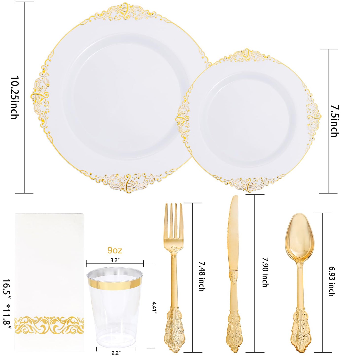 Nervure 350PCS Gold Plastic Dinnerware - White and Gold Disposable Plates for 50 Guests - 100 White Disposable Plates, 150 Plastic Silverware, 50 Cups, 50 Napkins for Wedding & Party & Graduation