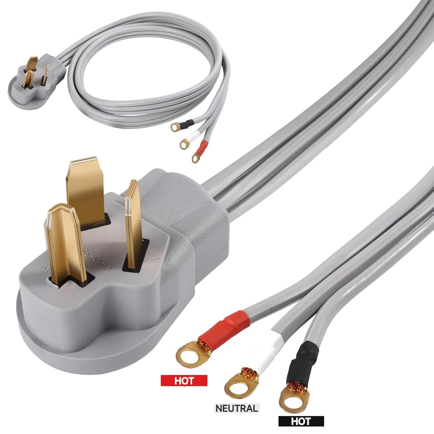 FiiMan 10 AWG 3 Prong Dryer Cord SRDT, 30 Amp 7500W Rated, NEMA 10-30P to 3-Wire Appliance Cord with Three Ring Terminals, Dryer Plug 3 Prong, Gray (15 FT)