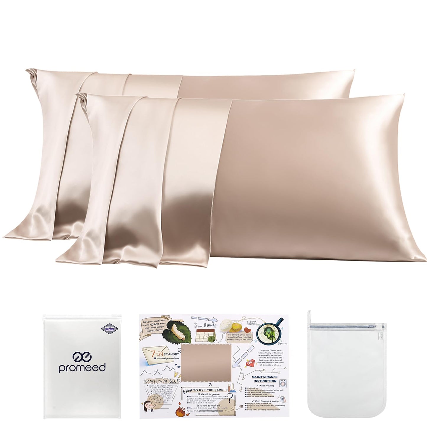 PROMEED 23 Momme Silk Pillowcase 2 Pack with Zipper, 3rd Gen Grade 6A+ 100% Mulberry Silk Pillow Case Set of 2, Cooling Pillow Cases for Hot Sleepers (Standard 20"x26", Champagne)