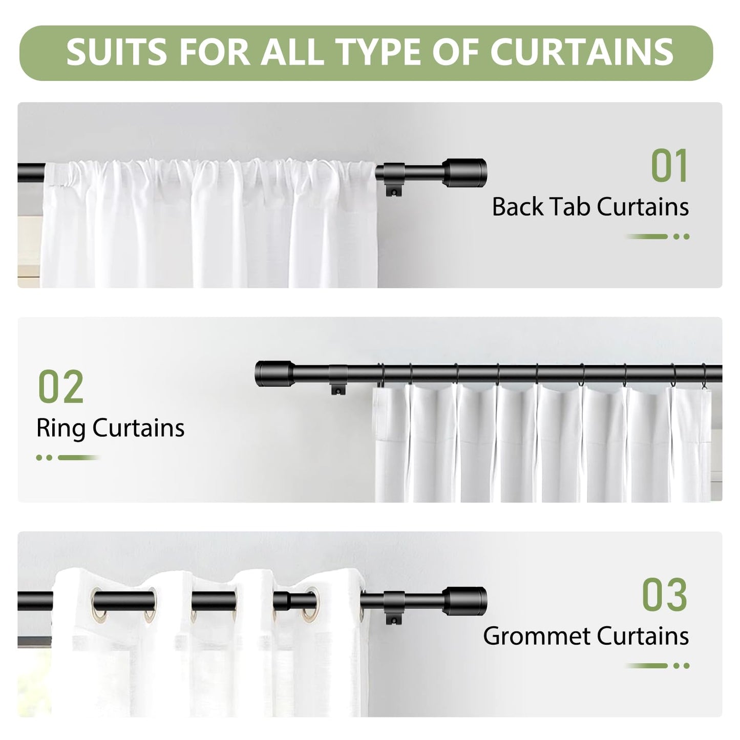 5/8” Diameter Curtain Rods 30-120 Inch, for 30-114 Inch Windows, Adjustable Splicing Black Curtain Rods for Windows with Brackets, Window Rod Long Small Curtains Rod, 2 Pack