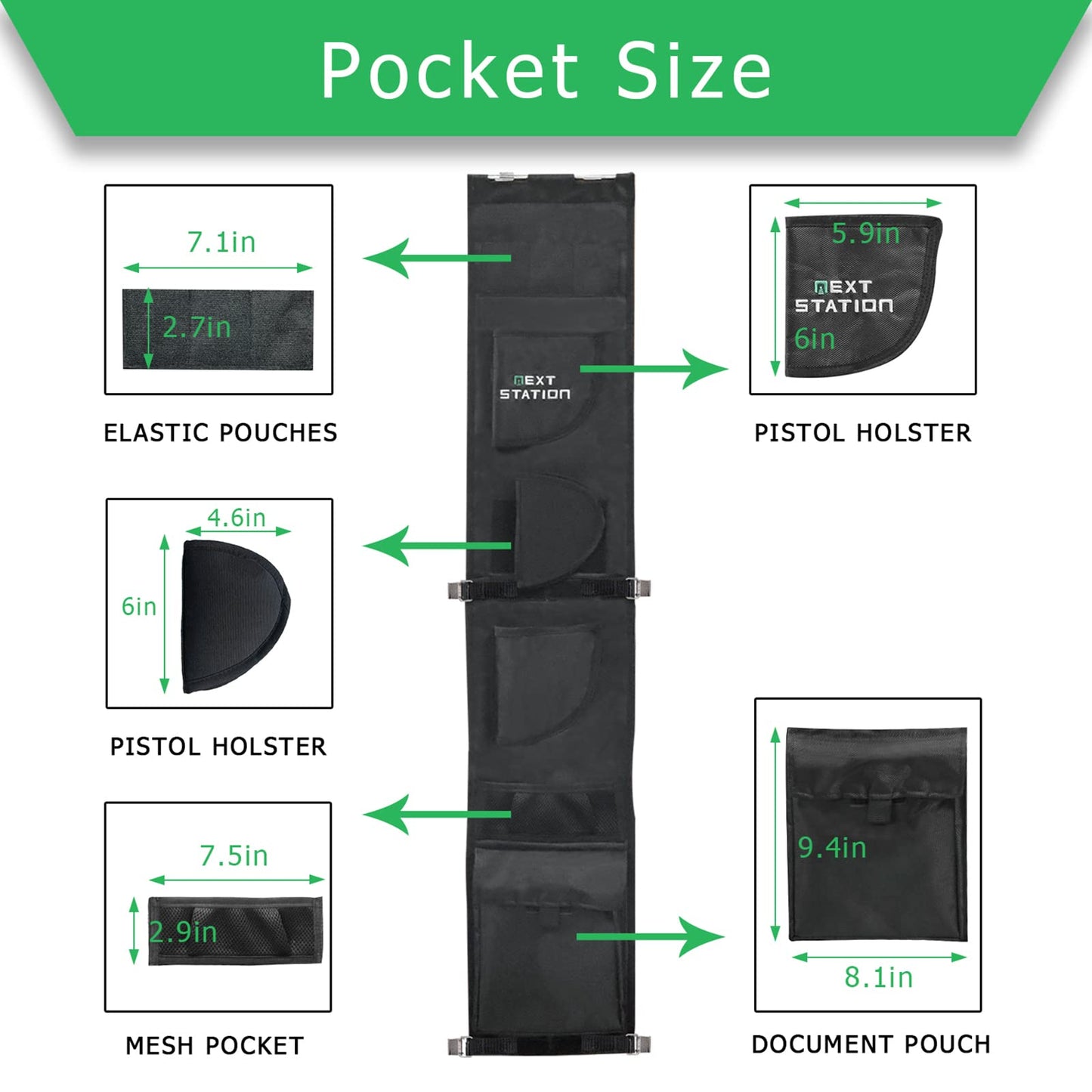 NEXT STATION Gun Safe Door Organizer,Safe Door Panel Organizer with Pistol Holsters Document Pouch Adjustable Width Fit Back Panel from 9 to 14 inches, Gun Safe Accessories Storage (8.5W*45.5H inch)