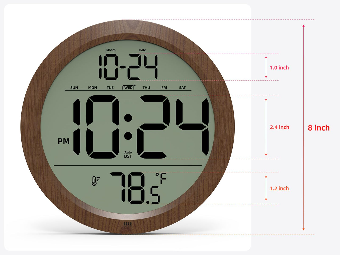 Digital Wall Clock Battery-Operated, 8 Inch Small Decorative Modern Wood Wall Clock with Date, Temperature, Auto-DST, Silent Electric Wall Clock for Bedroom, Living Room, Kitchen, Office, Farmhouse