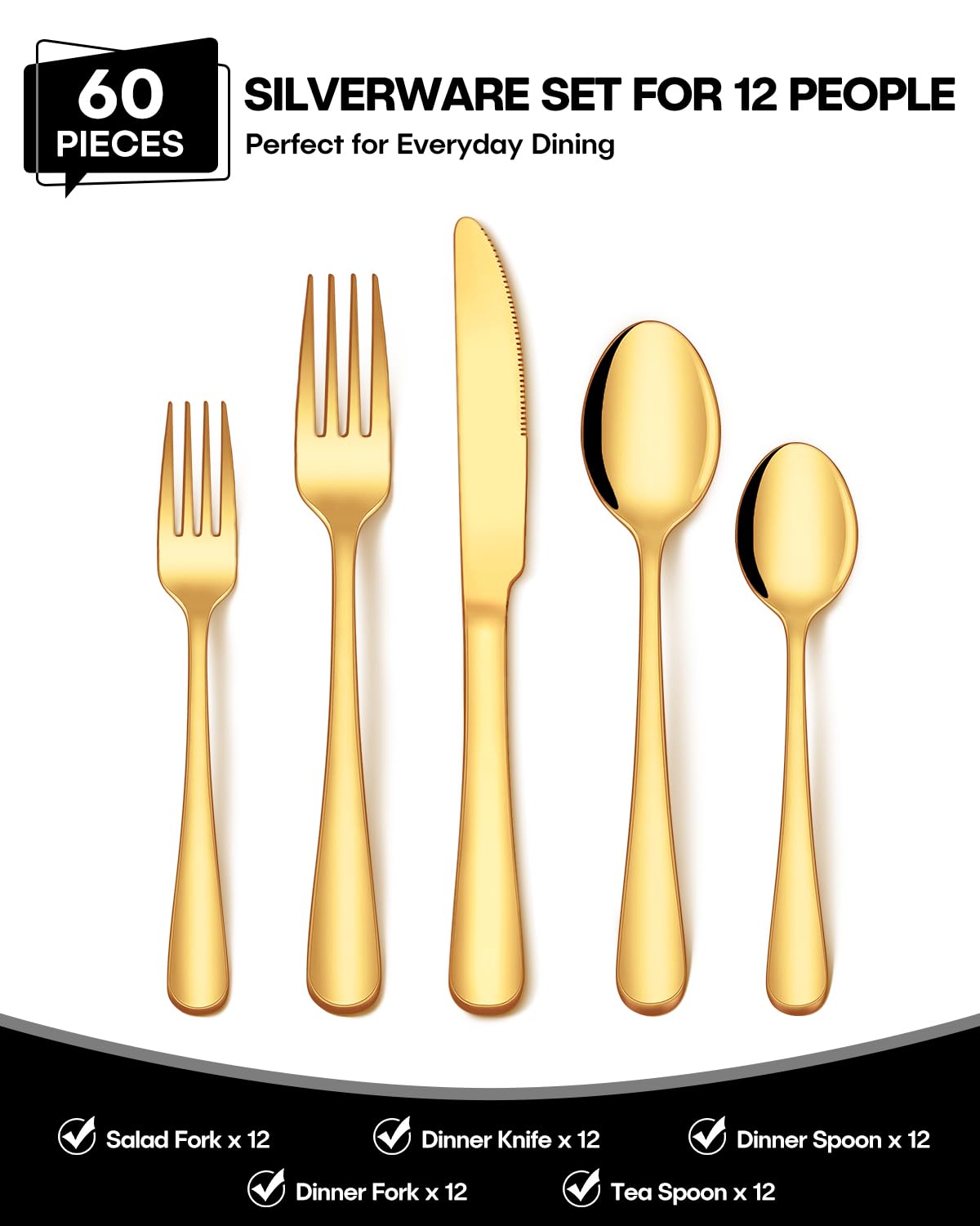 EUIRIO 60Pcs Gold Silverware Set, Stainless Steel Flatware Cutlery Set Service for 12, Mirror Polished Gold Utensils Set Include Forks Spoons Knives for Home, Wedding, Restaurant, Dishwasher Safe