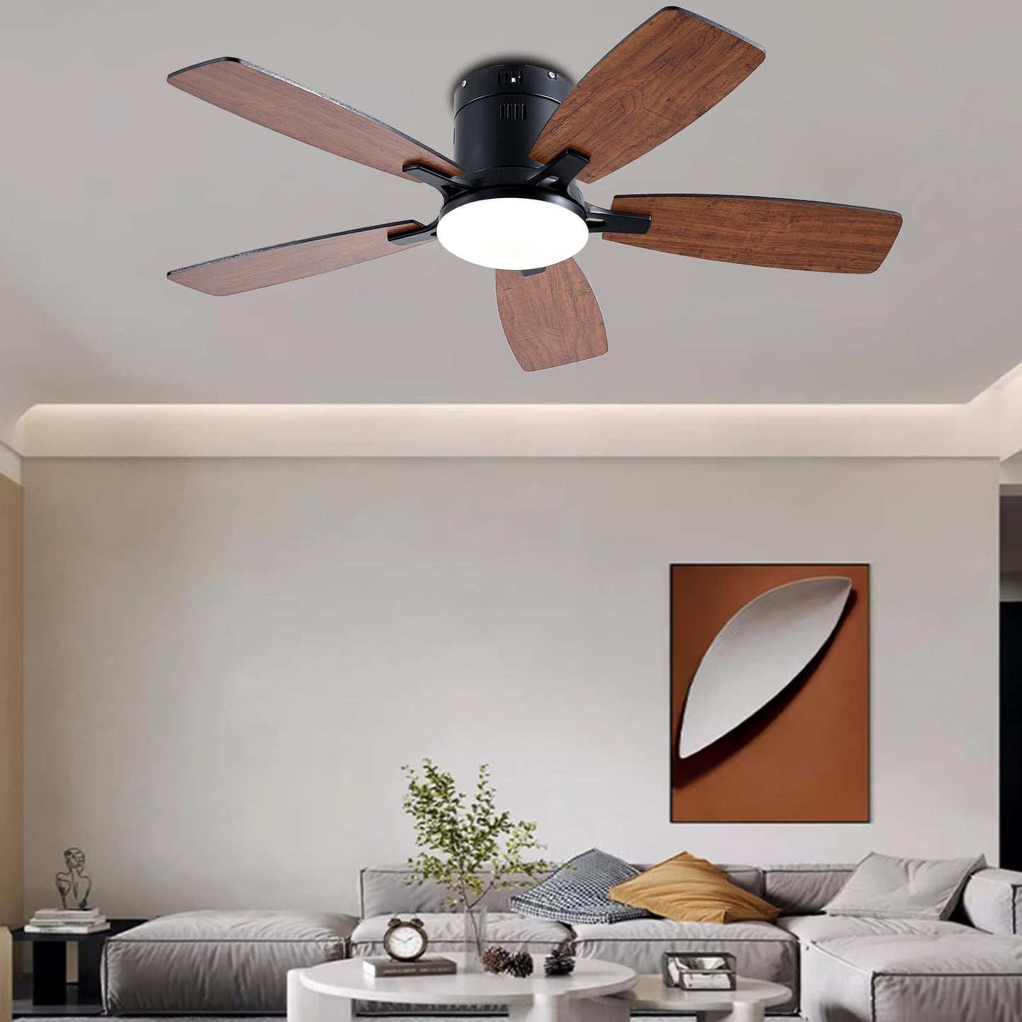 Ayaoty Ceiling Fans with Lights, 42 inch Low Profile Ceiling Fan with Light and Remote Control, Flush Mount, LED Dimmable DC Reversible Modern Ceiling Fan for Bedroom
