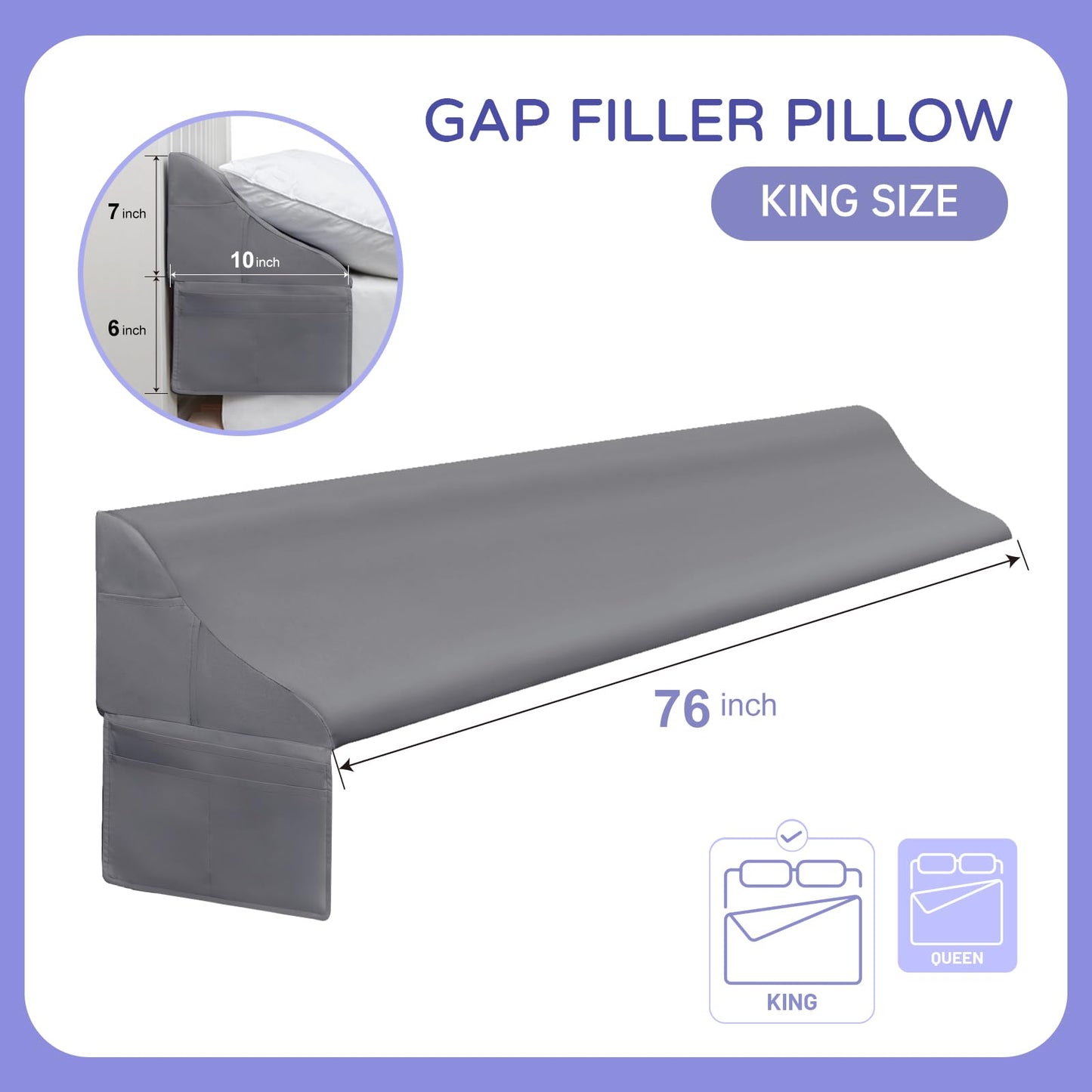 Vekkia King Size Bed Wedge Pillow for Headboard/Bed Wedge Gap Filler/Mattress Gap Filler/Wedge Pillow Headboard to Close The Gap (0-6") Between Your Headboard and Mattress, (Grey 76"x10"x7")
