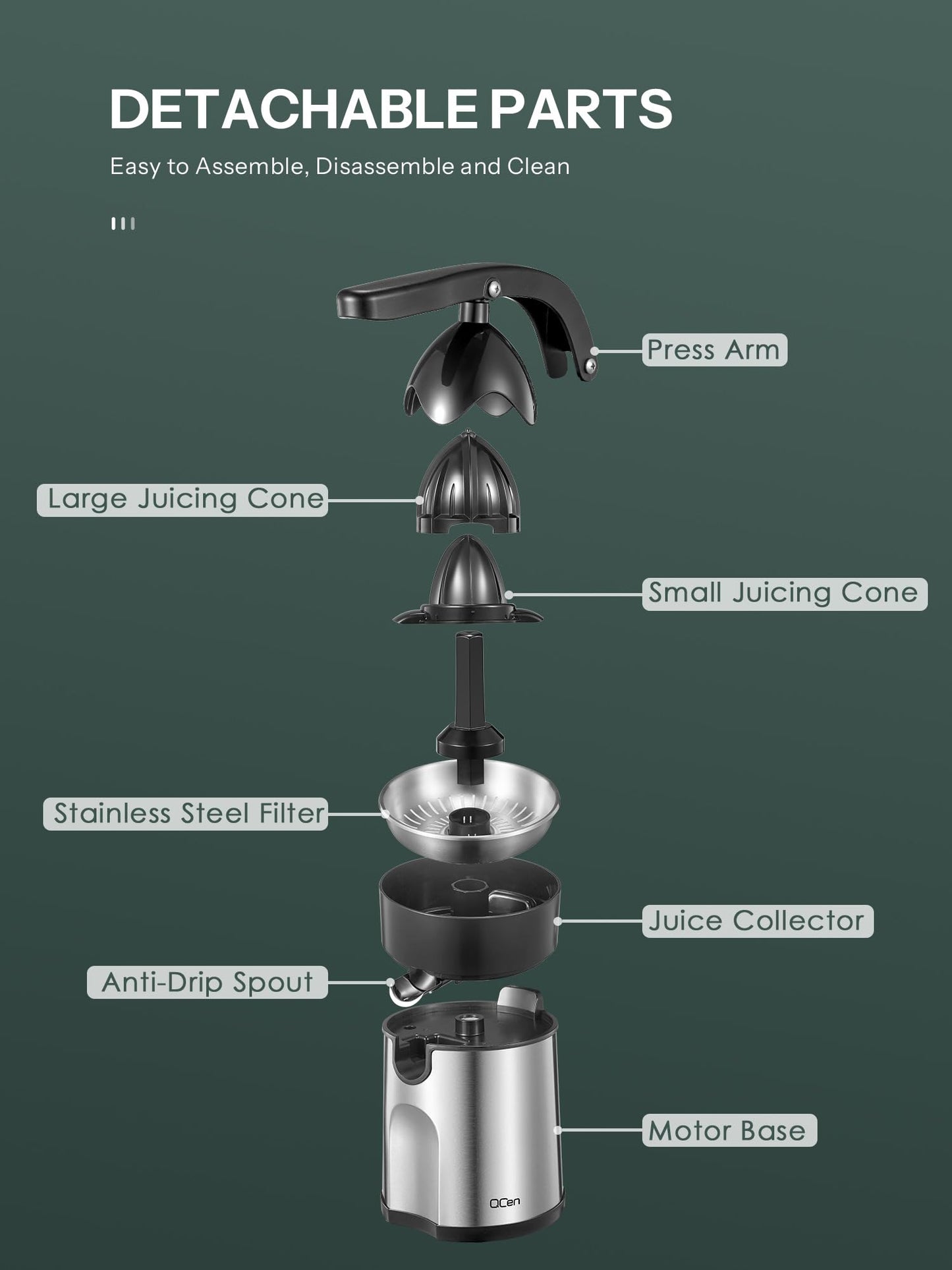 Professional Brushed Stainless Steel Electric Citrus Juicer, 2 Interchangeable Cones for Orange, Lemon & Grapefruit, Easy Clean, Durable Design & Effortless Operation