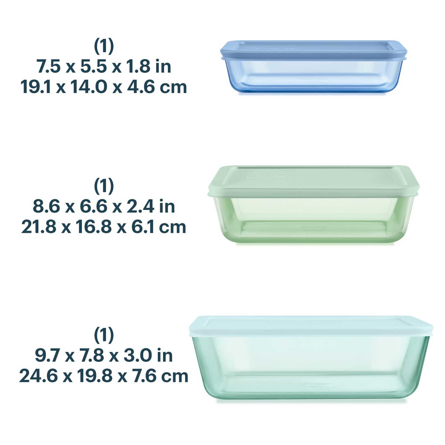 Pyrex Colors (3-Pack, Large) Tinted Glass Rectangle Food Storage Container Set, Snug Fit Non-Toxic Plastic BPA-Free Lids, Freezer Dishwasher Microwave Safe, 3 Cup, 6 Cup & 11 Cup