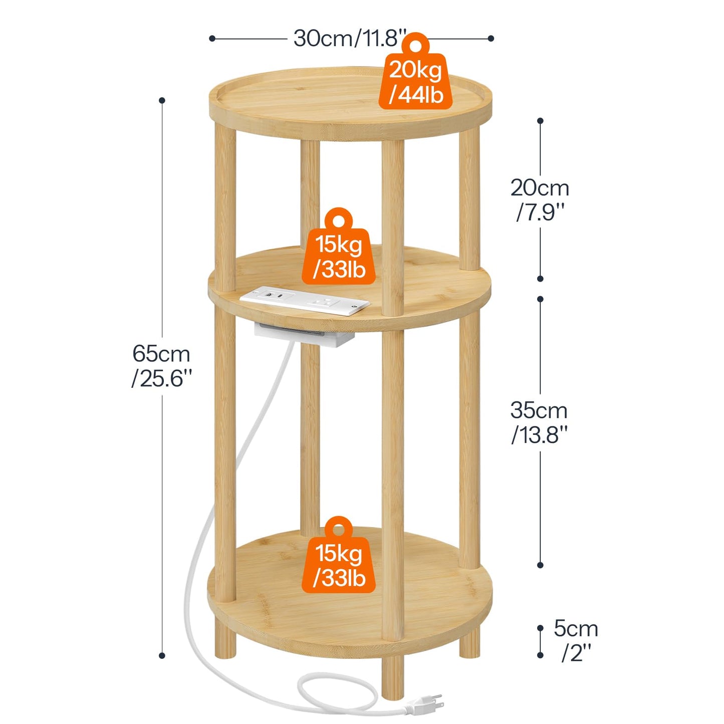 HOOBRO Small Round Side Table with Charging Station, 3-Tier Round Bamboo End Table, Compact Sofa Bedside Table for Small Space, Easy Assembly, for Living Room, Bedroom, Apartment, Natural YL152UBZ01