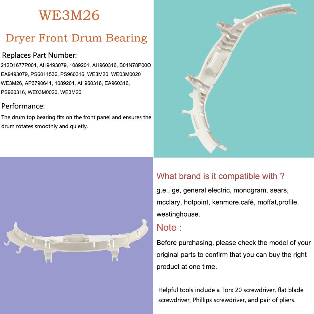 WE49X20697 Dryer Bearing Repair Kit compatible with ge Dryer includes Top Front Bearing WE3M26 replacement for WE12M29 WE09X20441 PS960316 WE1M1067 WE1M504 WE1M1067