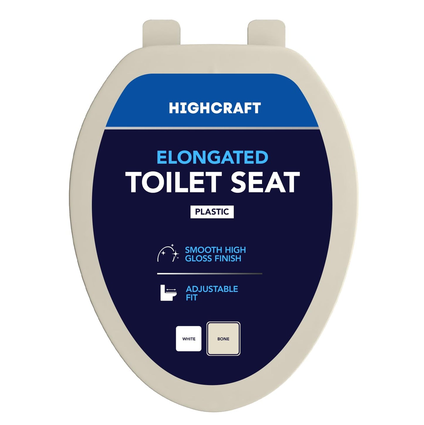 HIGHCRAFT Premium Elongated Toilet Seat with Adjustable Hinges - Molded Plastic Toilet Seat - Fits Standard Elongated Toilets - Oval Seat in Bone/Beige