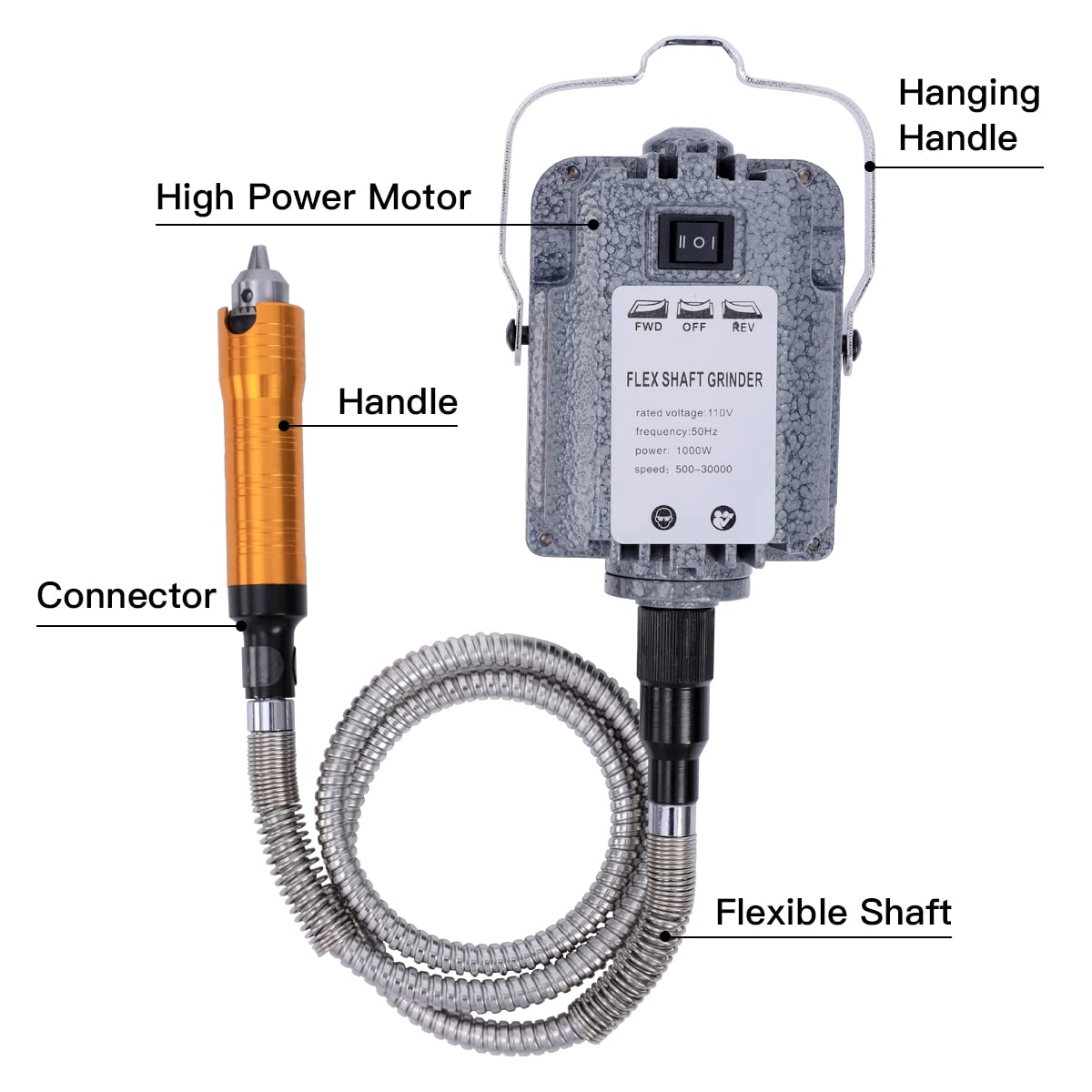 1000W 30000RPM Electric Flex Shaft Rotary Tool Foot Pedal Control Flex Shaft Hanging Grinder Carver Can Forward-Reverse Rotation, Multi-function Kit with Accessories for Carve-Buffing Diy Craft work