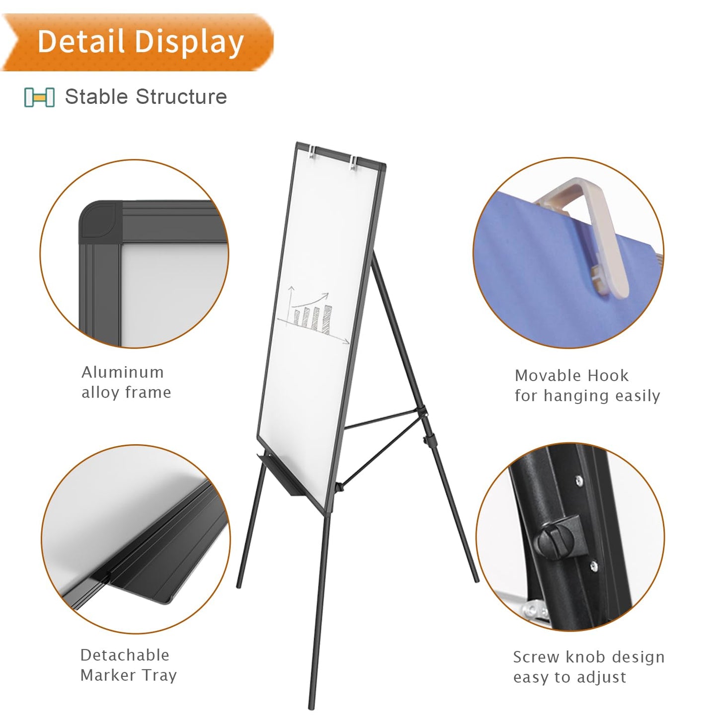 VIZ-PRO Magnetic Whiteboard Easel Black, 36 x 24 Inches, Portable Dry Erase Board Height Adjustable for School Office and Home