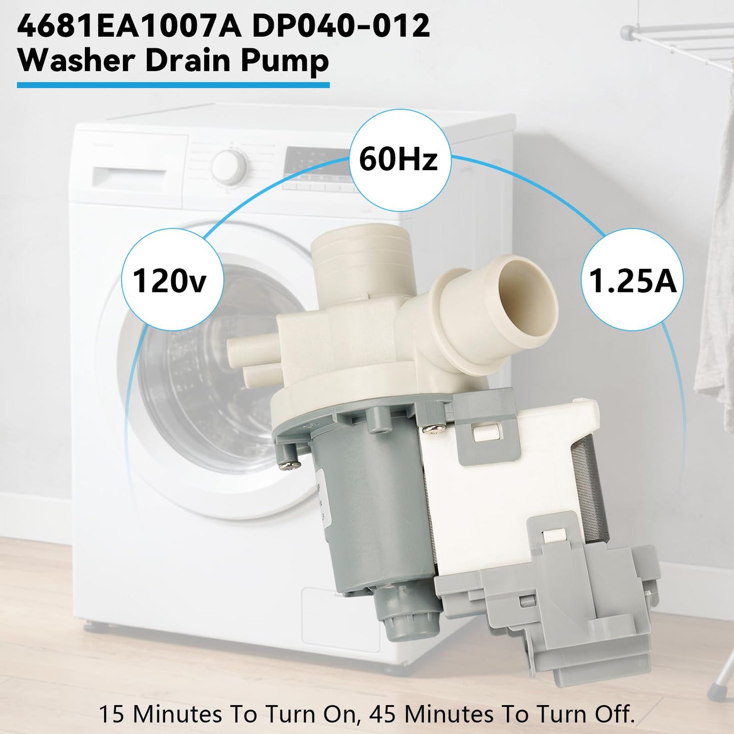 DP040-012 4681EA1007A Washer Drain Pump Fit for LG/Kenmore Washer,Replace 2649379 AP5672914 PS7785119 EAP7785119 WT1001CW WT1101CW WT1201CW WT1301CW WT1150CW WT7200CW WT7600HWA WT5680HVA LGWT7200CW