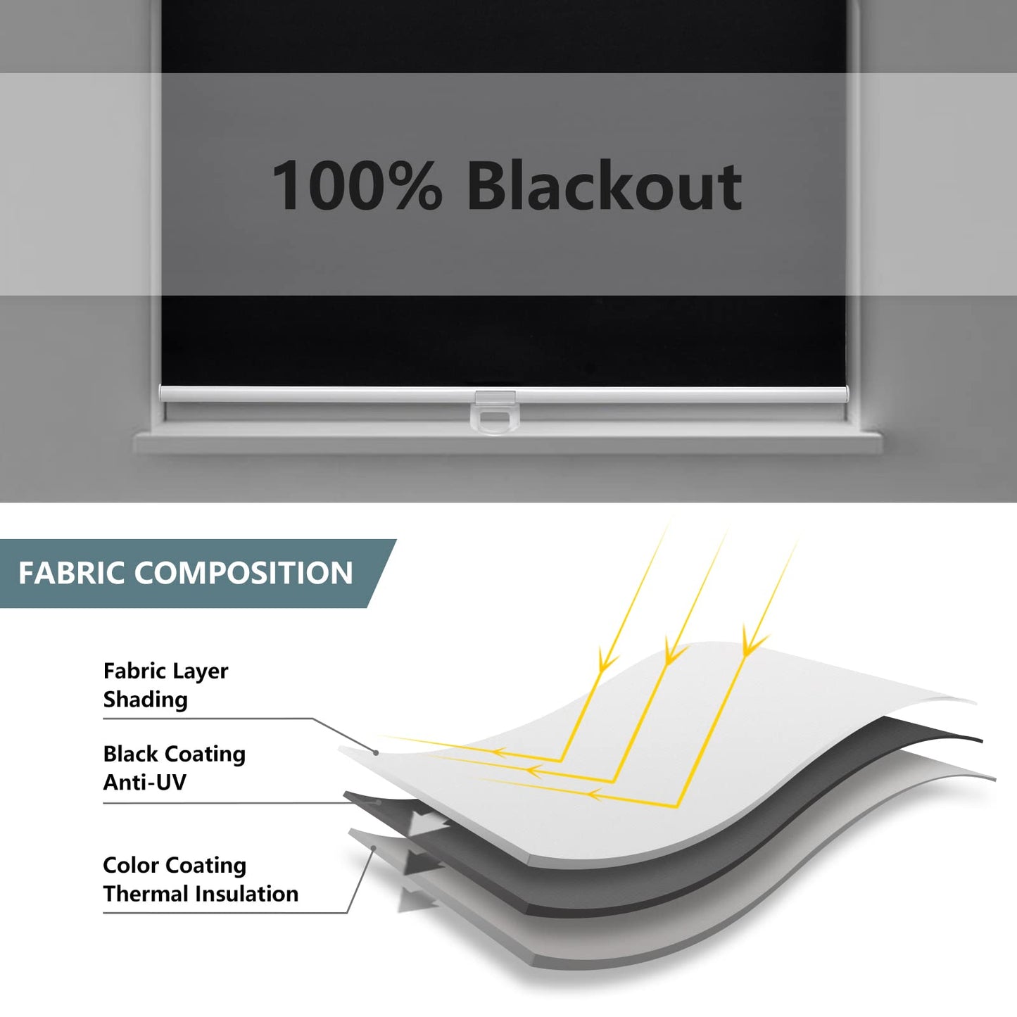 AOSKY Cordless Roller Shades Blackout Blinds for Windows Room Darkening Rolled Up Shades with Spring System, UV Protection Window Shades Door Blinds for Home and Office (34" W x 72" H, Black)