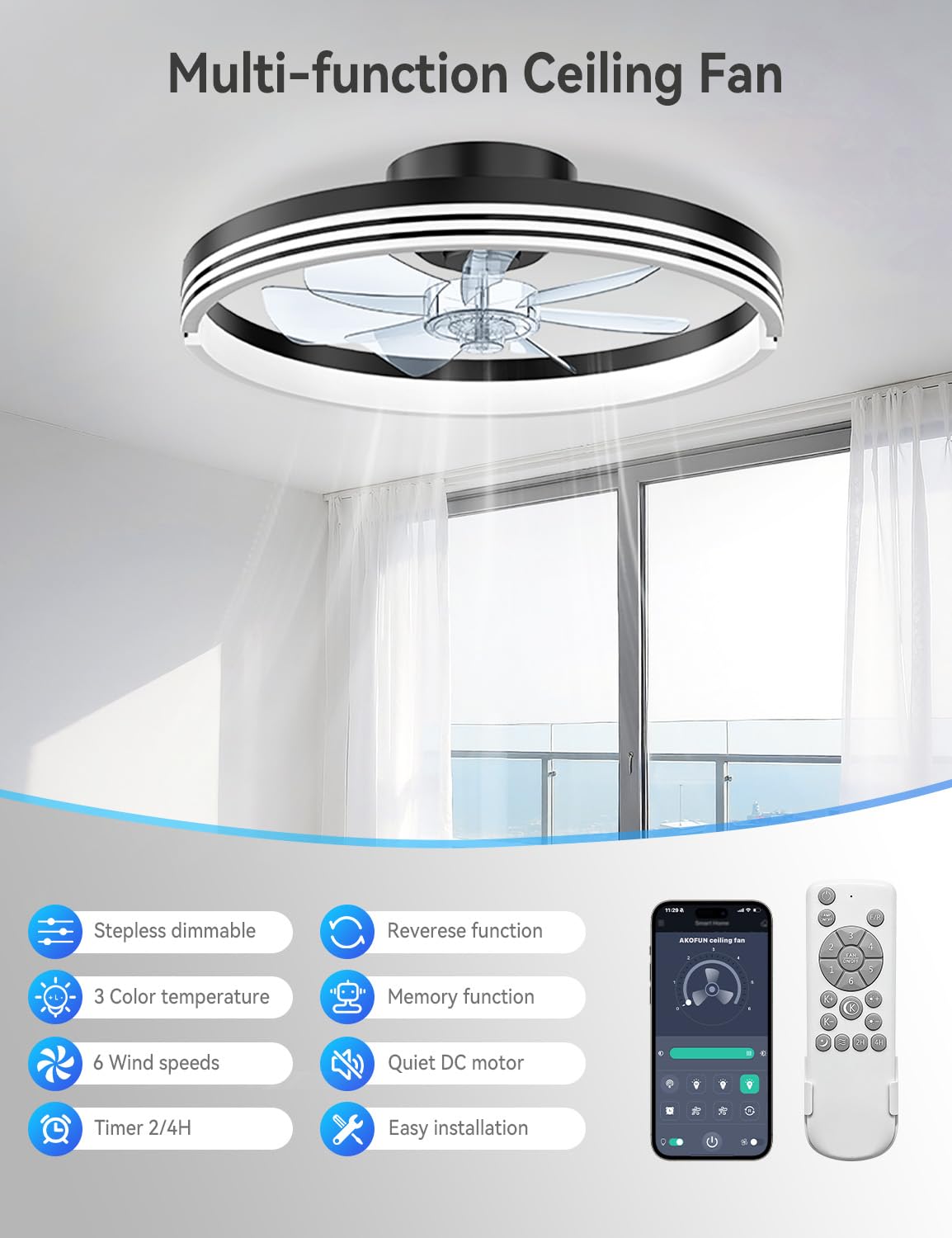 AKOFUN Modern Bladeless Ceiling Fans with Lights, Small Fandelier Bedroom Ceiling Fan - Low Profile LED Fan Light with Remote APP, Flush Mount, Dimmable, DC Motor, 6 Speeds, Timer (18 inch, Black)
