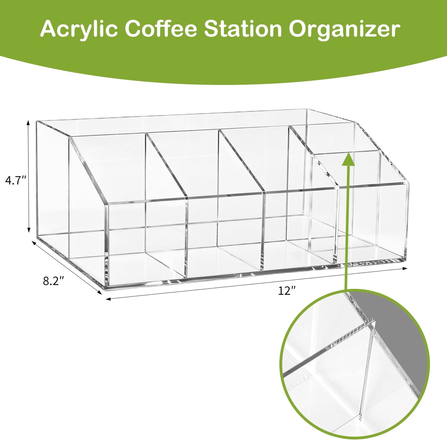 Acrylic Coffee Station Organizer for Countertop, Coffee Bar Accessories Organizer with 6 Compartments for Tea Bags Condiment, Pods, Creamer, Syrup, Cups, Stirrer
