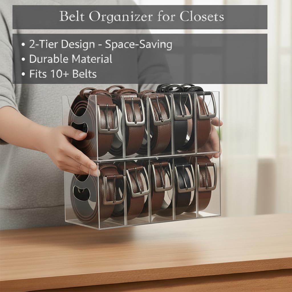 Hualinsyi Belt Organizer,Acrylic Belt Organizer for Closet with Removable Dividers 5 Compartments & Handles Drawer organization and storage for Purse,underwear, Socks,and Ties (2pack)