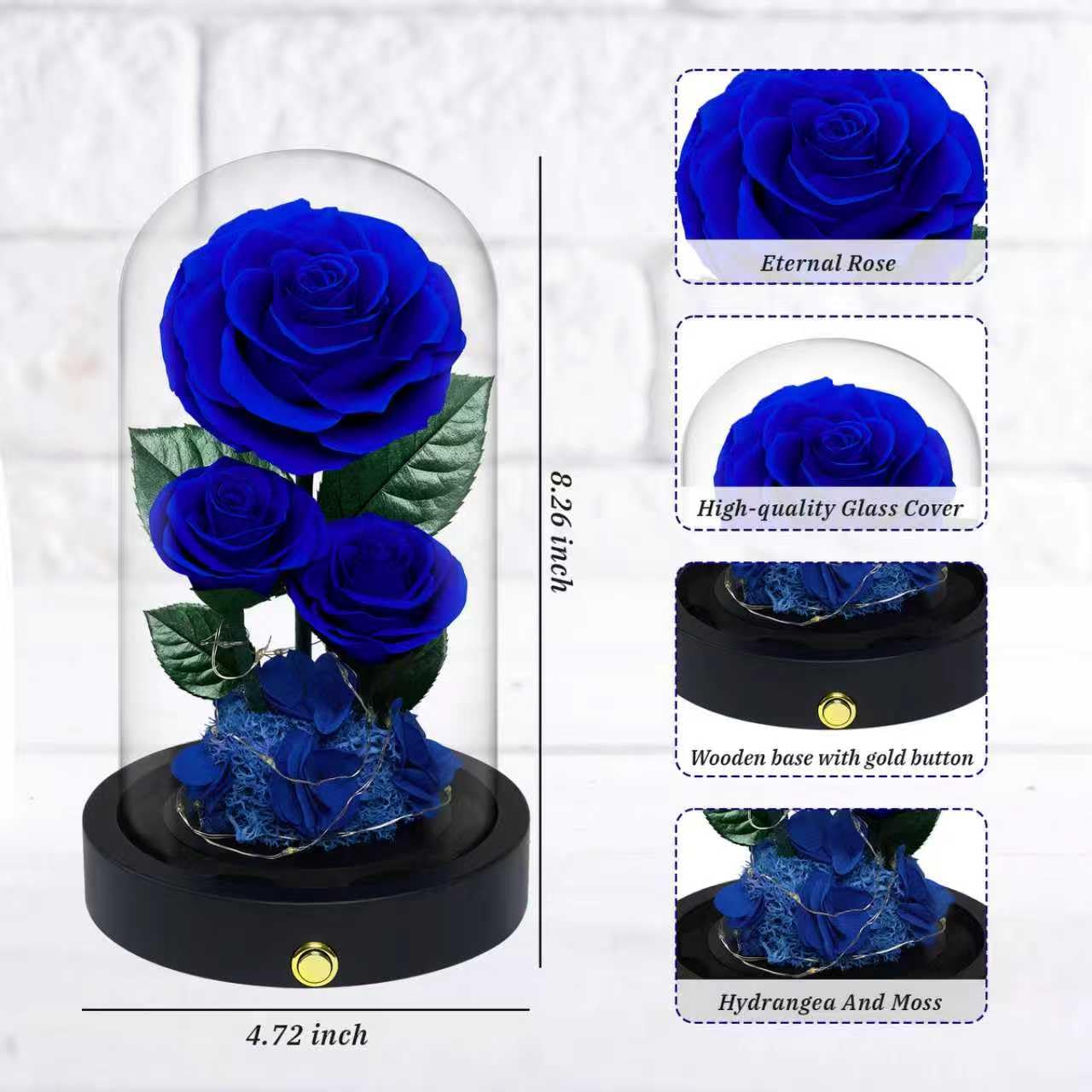 Vryblos 3 Preserved Flowers Roses in Glass Dome for Beauty and The Beast Decor Real Rosas Eternas for Women Mom Birthday,Forever Blue Roses for Delivery,Christmas for Wife Girlfriend Her