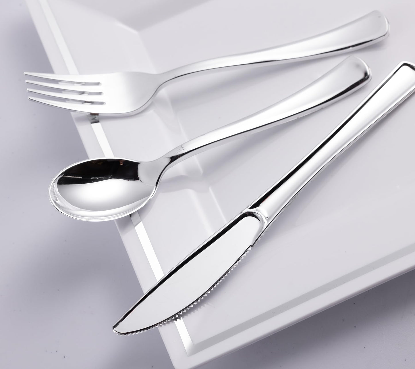 N9R 300PCS Silver Plastic Silverware Set, 100 Forks, 100 Spoons, 100 Knives, Heavy Duty Disposable Cutlery for Parties, Fancy Disposable Flatware for Weddings, and Daily Use
