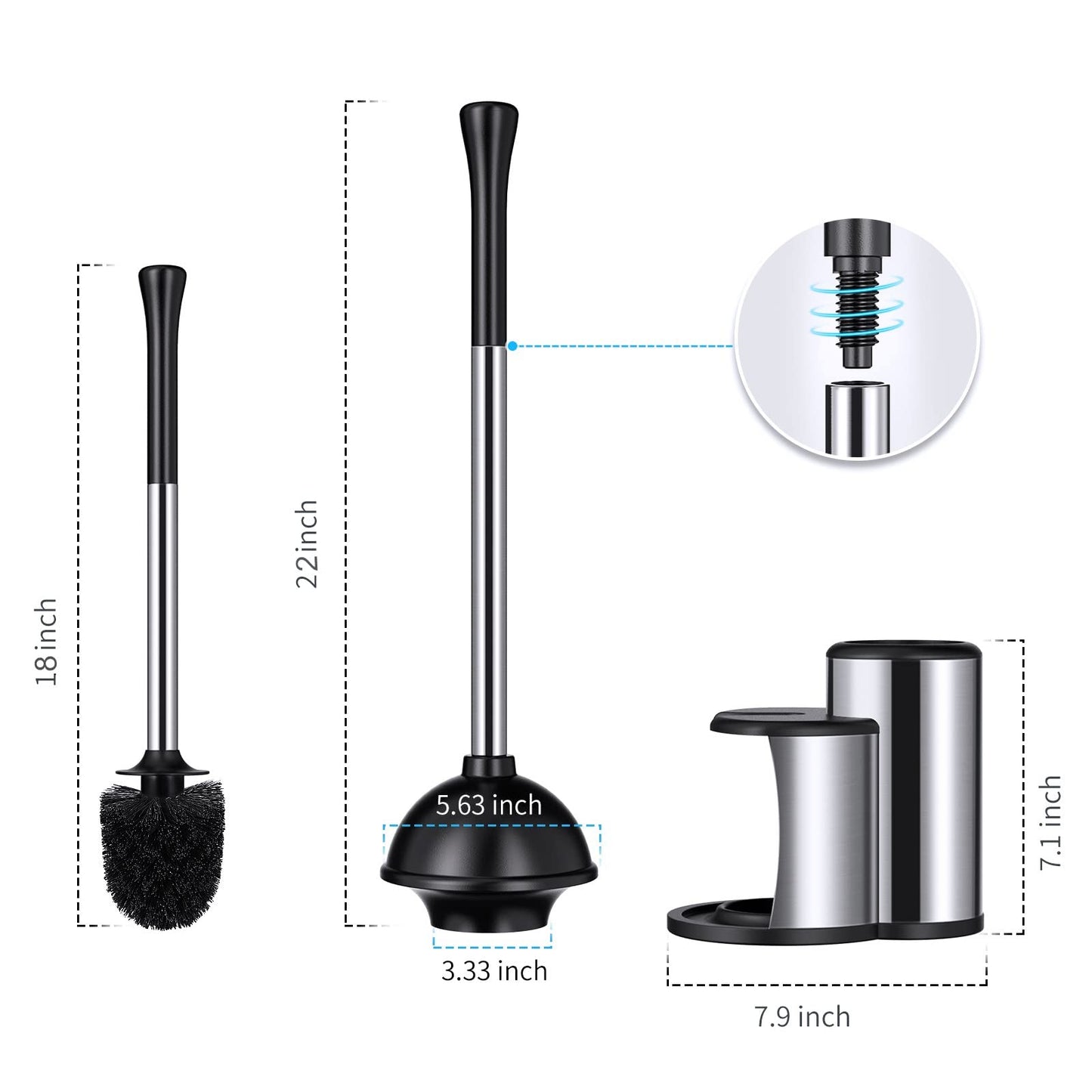 HAMITOR Toilet Plunger Bowl Brush Set: Hideaway Heavy Duty Toilet Plunger Scrubber Cleaner Holder Combo for Bathroom with Covered Caddy Hidden Elongated Discreet Apartment Plunger Brush Accessories
