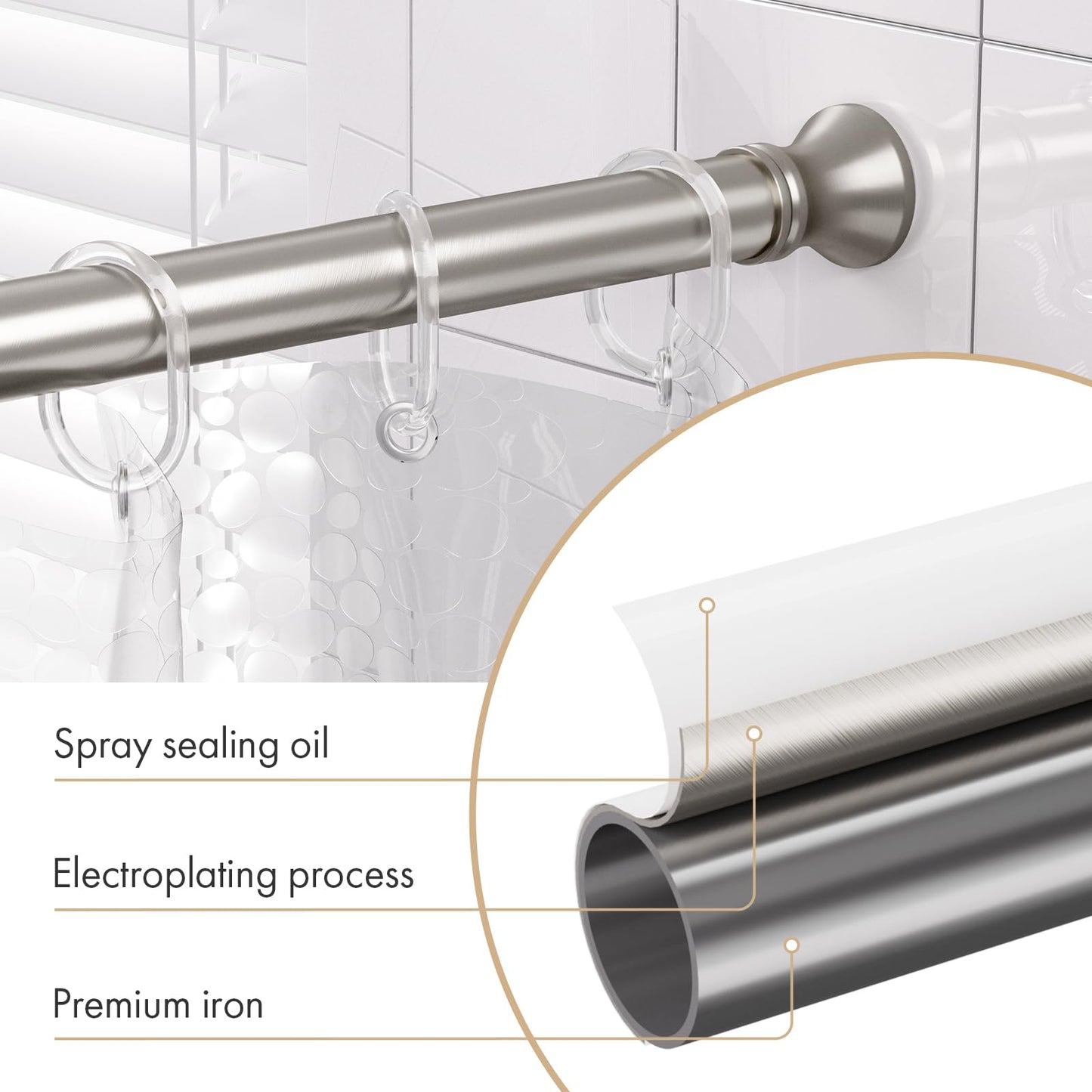Amazer Spring Tension Shower Curtain Rod, 54-90 Inches Rust-Resistance Tension Curtain Rod Bathroom Rod, Adjustable Shower Curtain Rod No Drill, Nickel