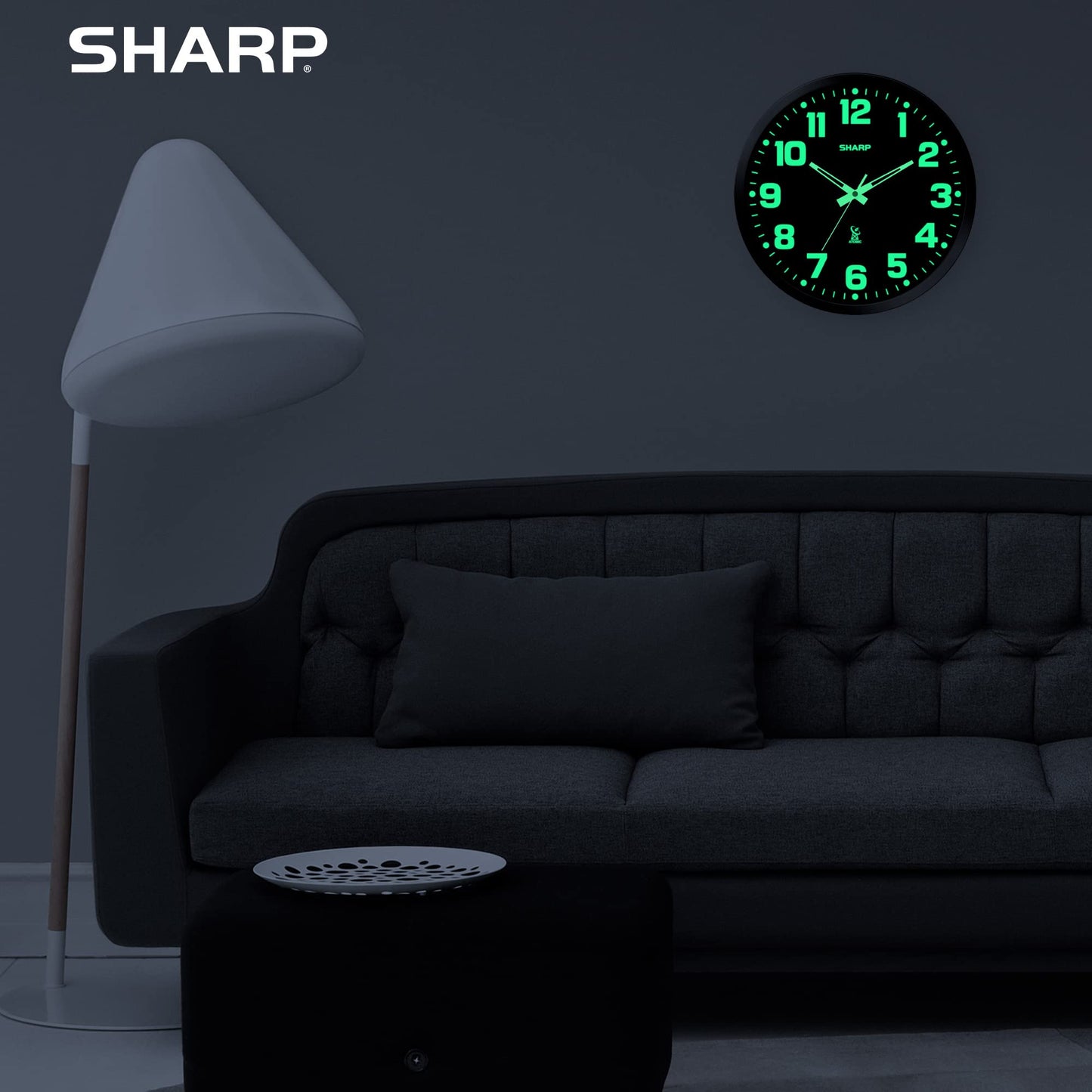 Sharp Glow in the Dark Atomic Analog Wall Clock - 12" Clock with Black Frame - Sets Automatically - Battery Operated - Easy to Read - Easy to Use – See Day or Night!
