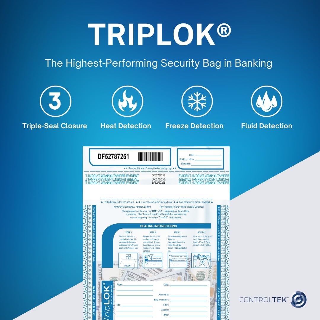 ControlTek TripLok 12" x 16", Clear, 100 Bags, Tamper-Evident Deposit Bags for Cash Handling & Valuables, Moisture, Heat and Cold Sensitive Ink, Tear-Off Receipt + Large Barcodes 585040